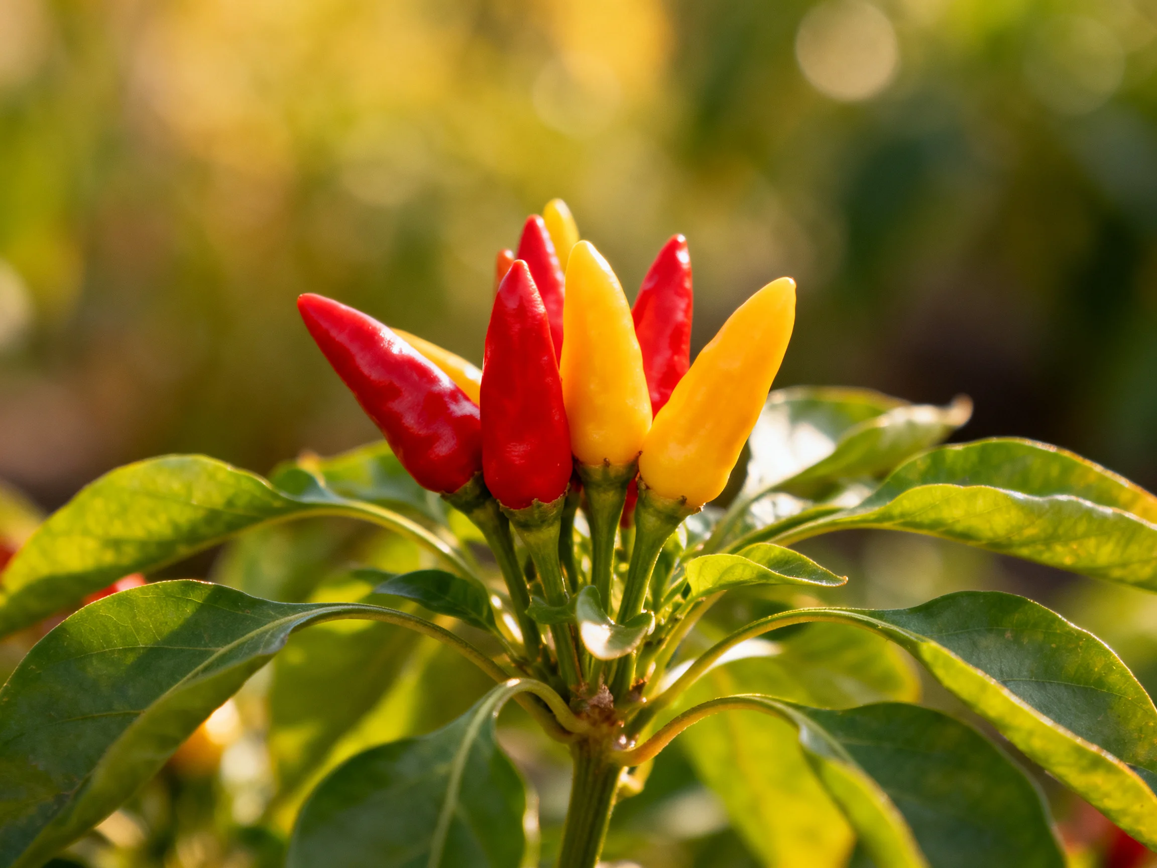 Vibrant red and yellow chili peppers clustered among broad green leaves