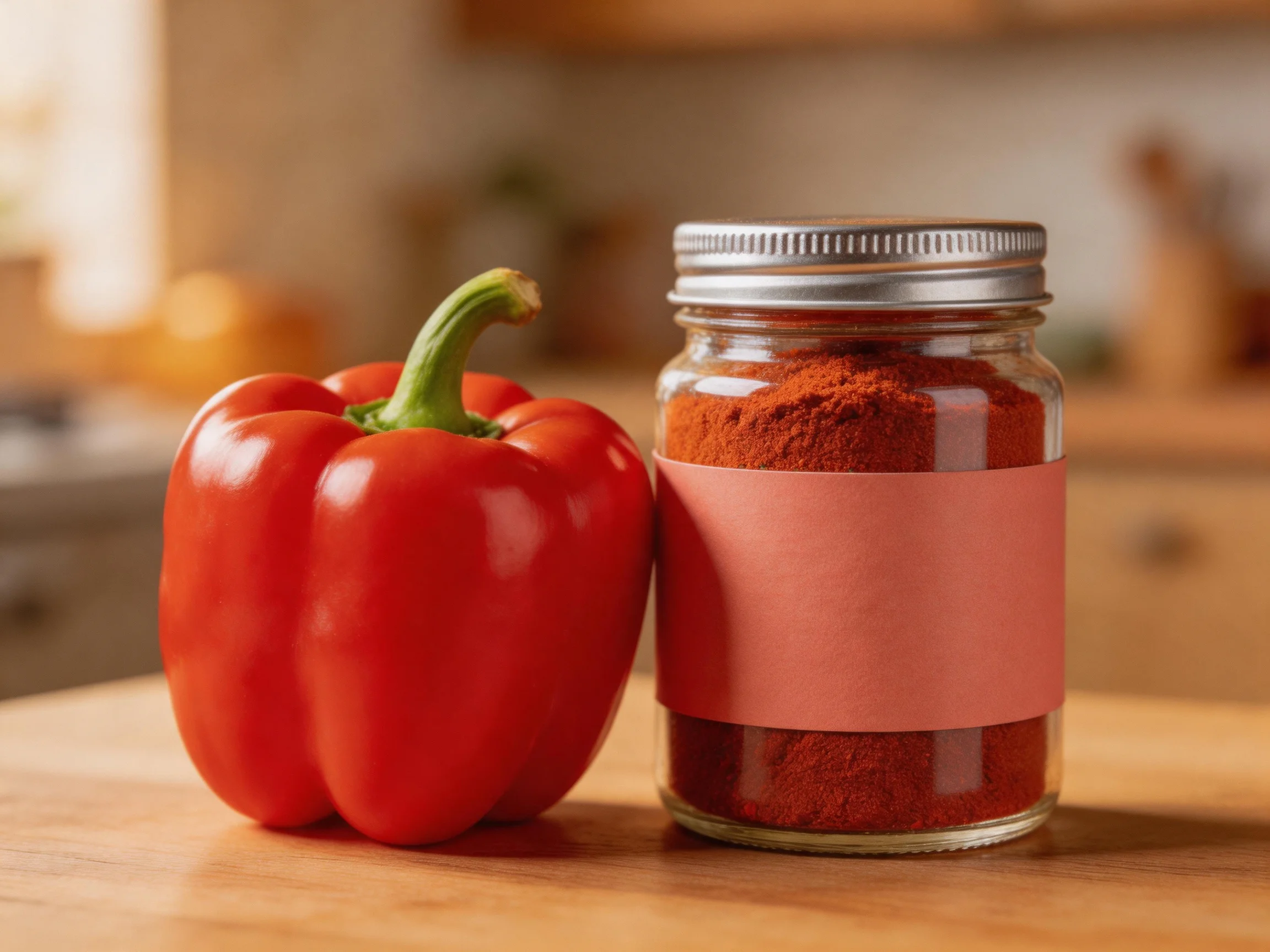 Vibrant red bell pepper beside glass jar of reddish-brown spice on wooden surface