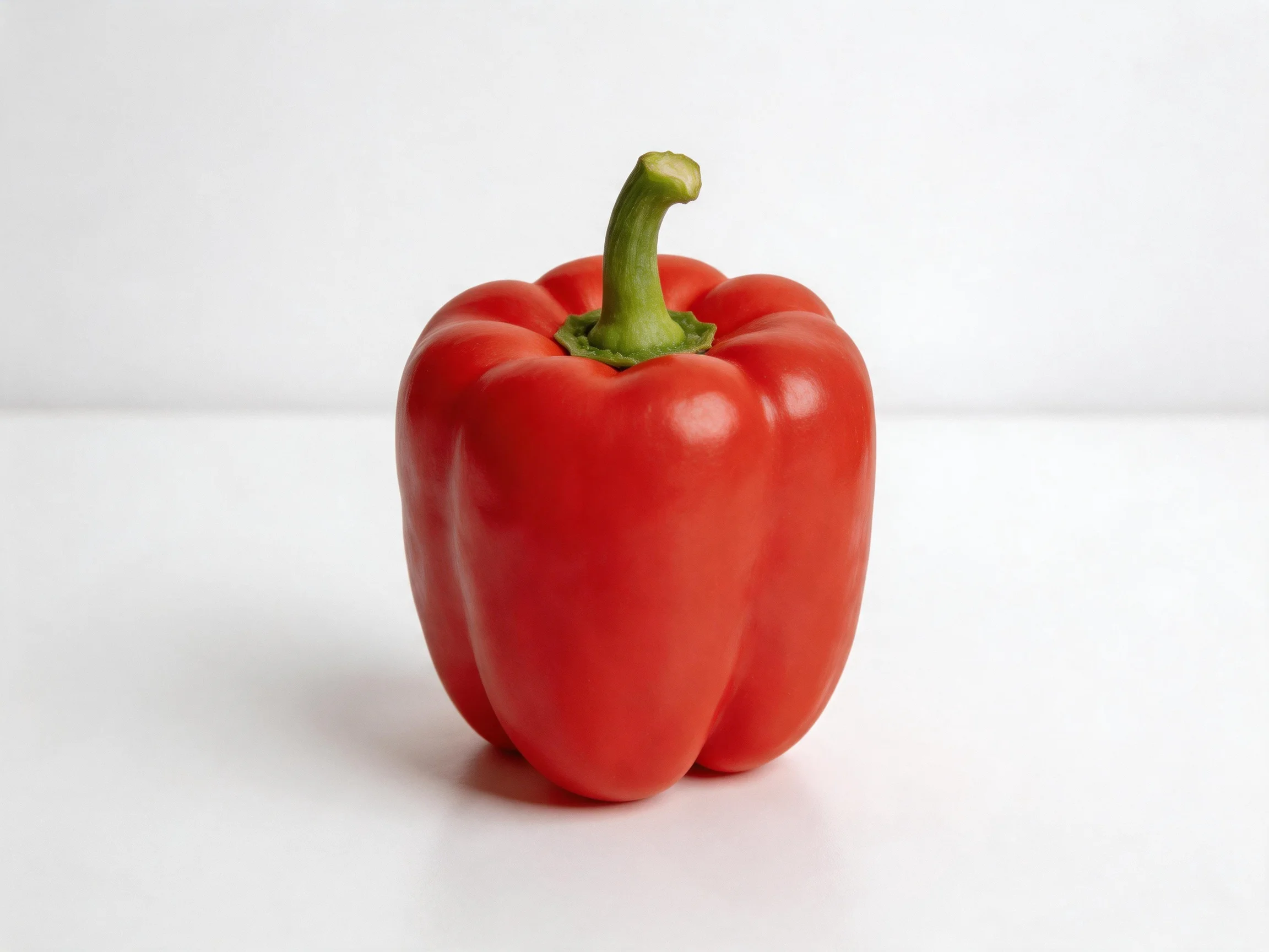 Vibrant red bell pepper centered on plain white surface
