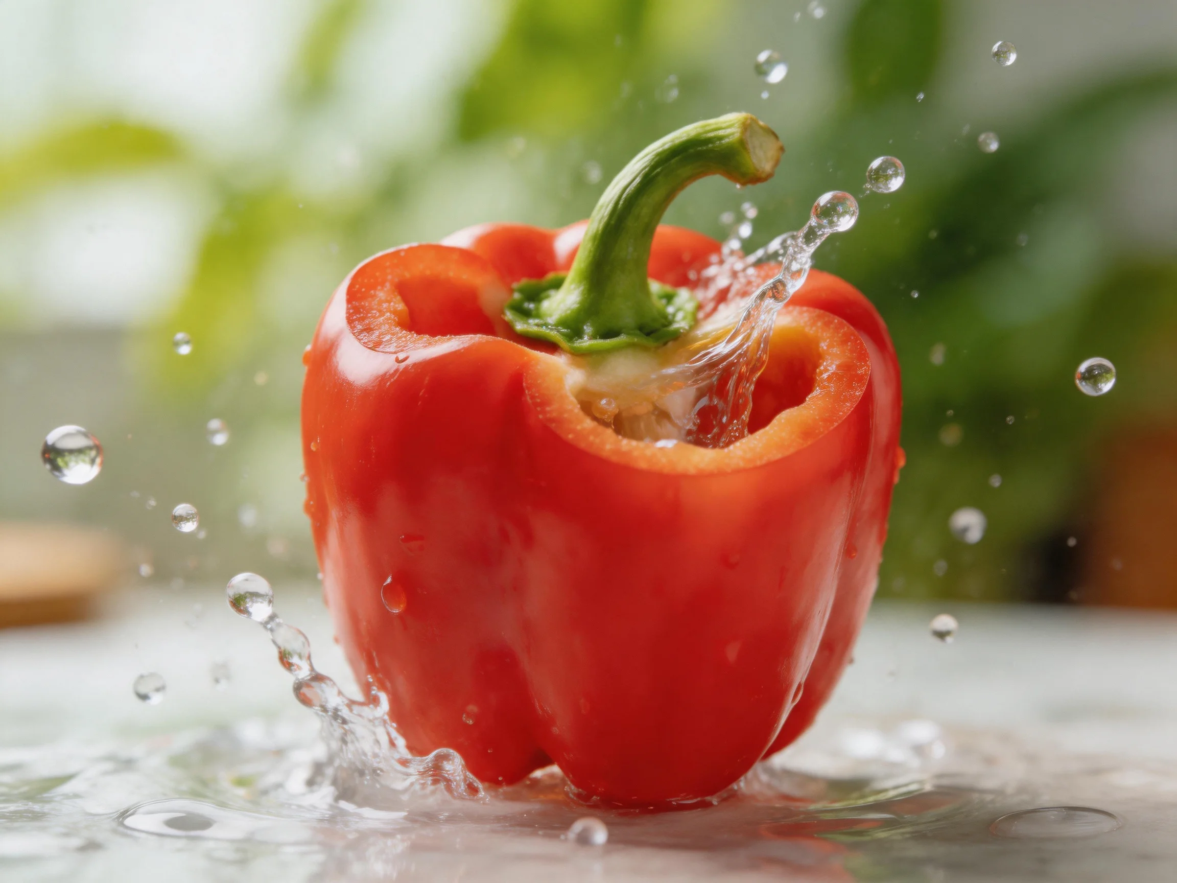 Vibrant red bell pepper splashed with clear water droplets