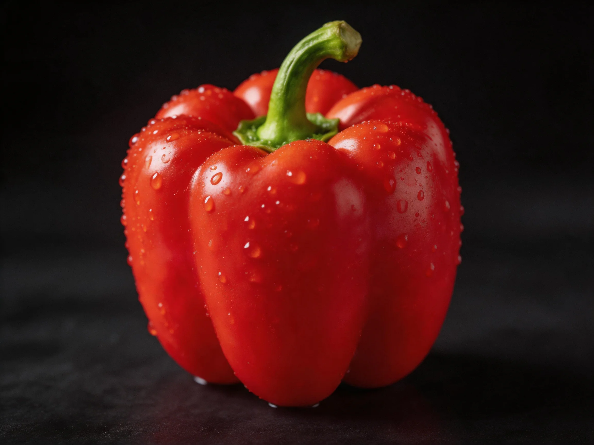 Vibrant red bell pepper with water droplets on dark background