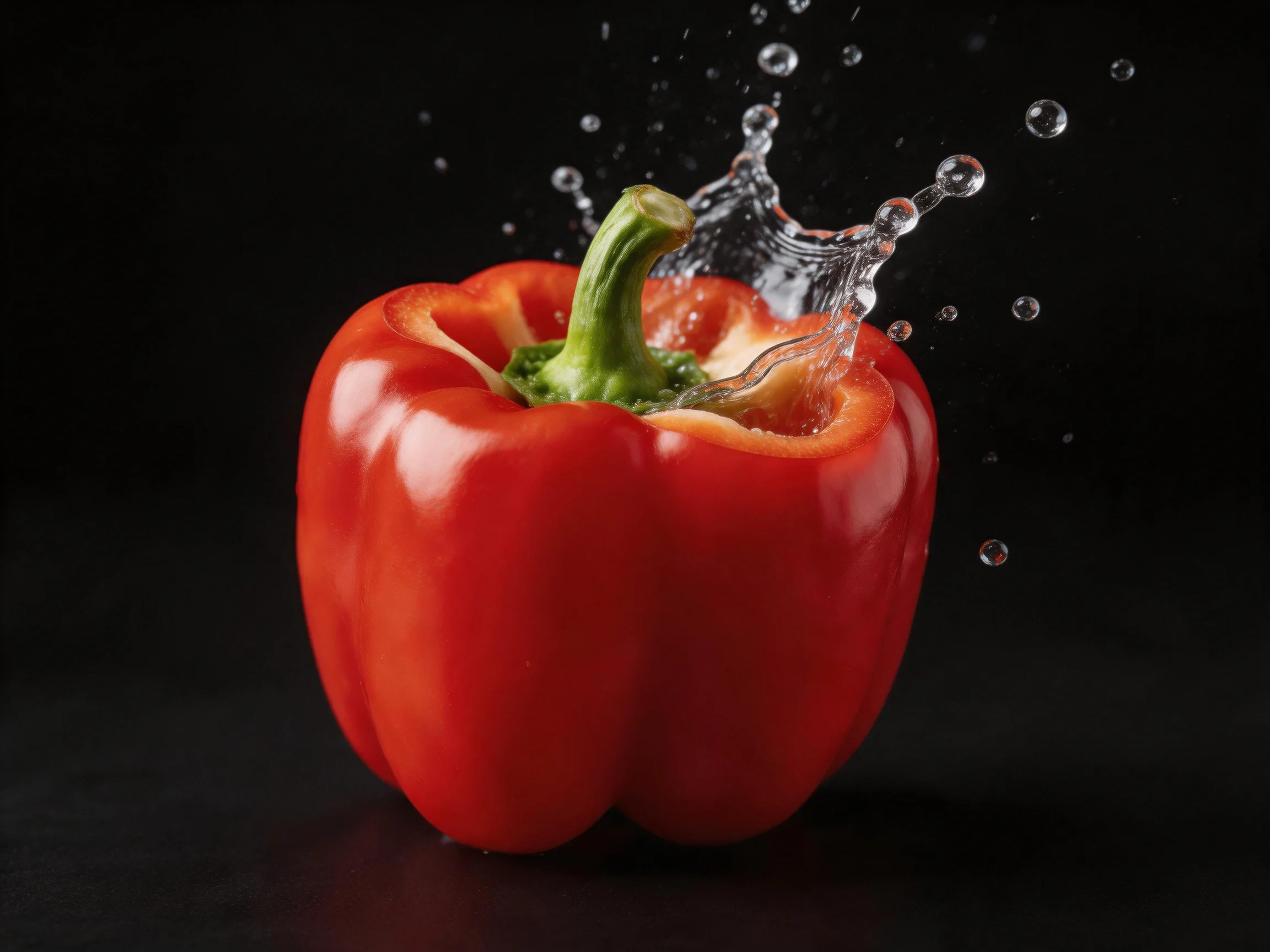 Vibrant red bell pepper with water splash on black background