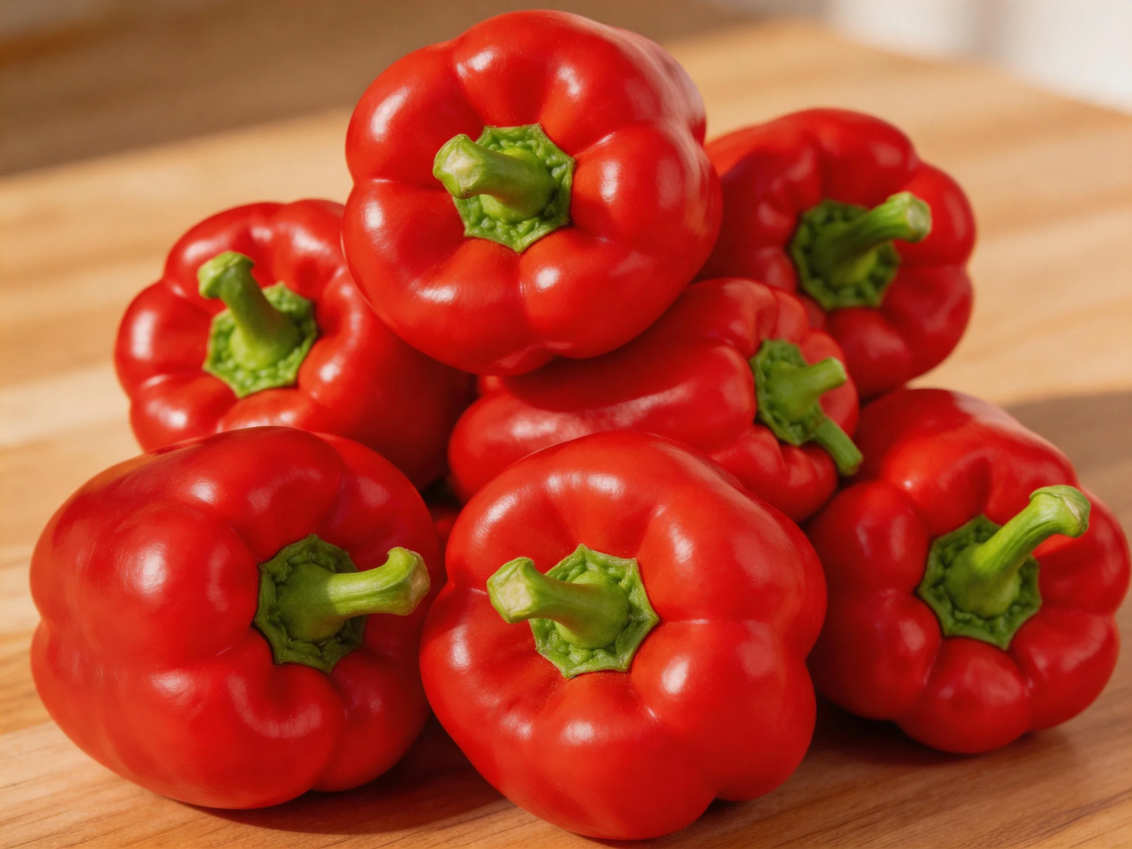 Vibrant red bell peppers clustered on a wooden cutting board