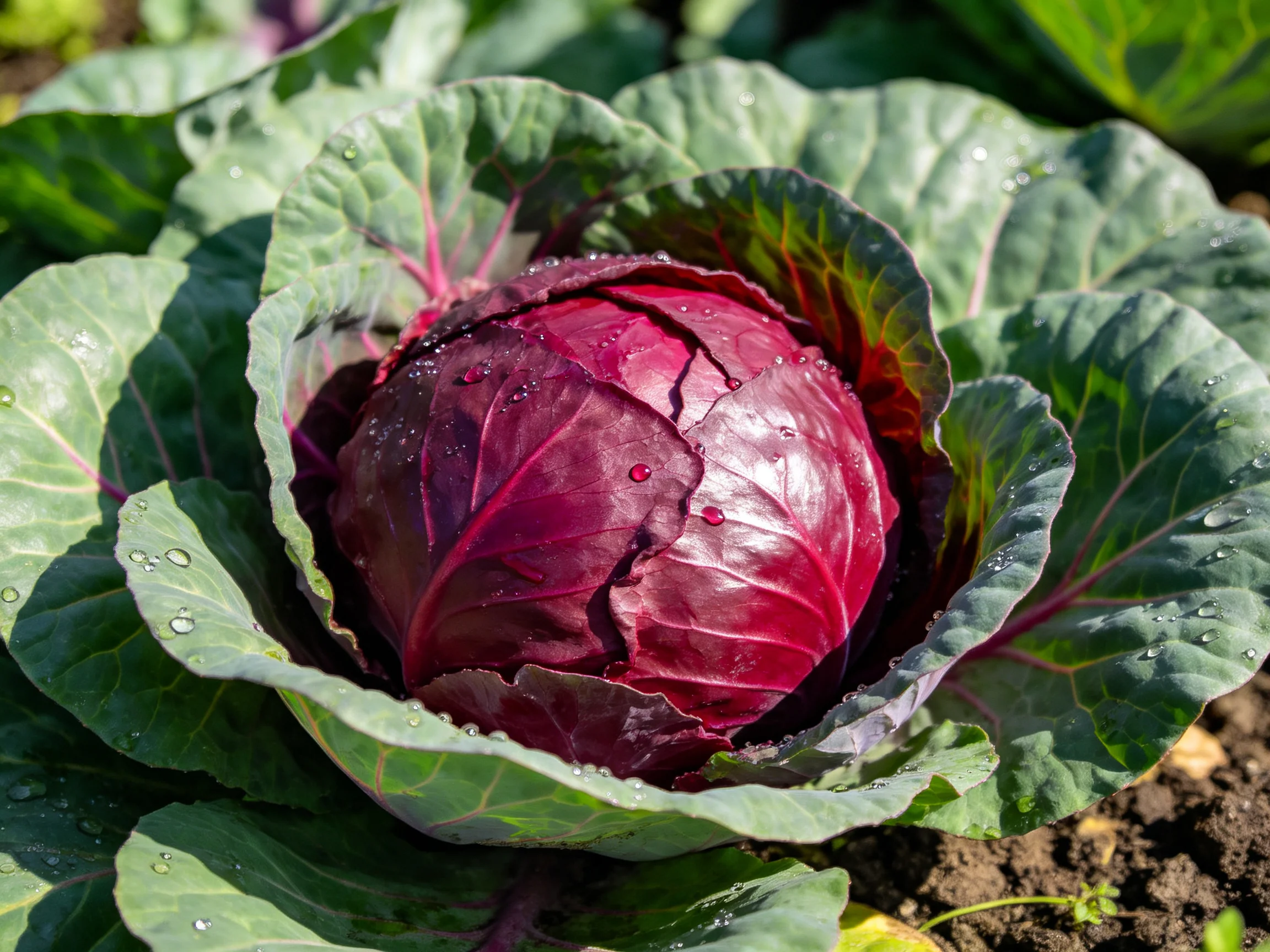 Vibrant red cabbage nestled among broad green leaves in a sunlit garden