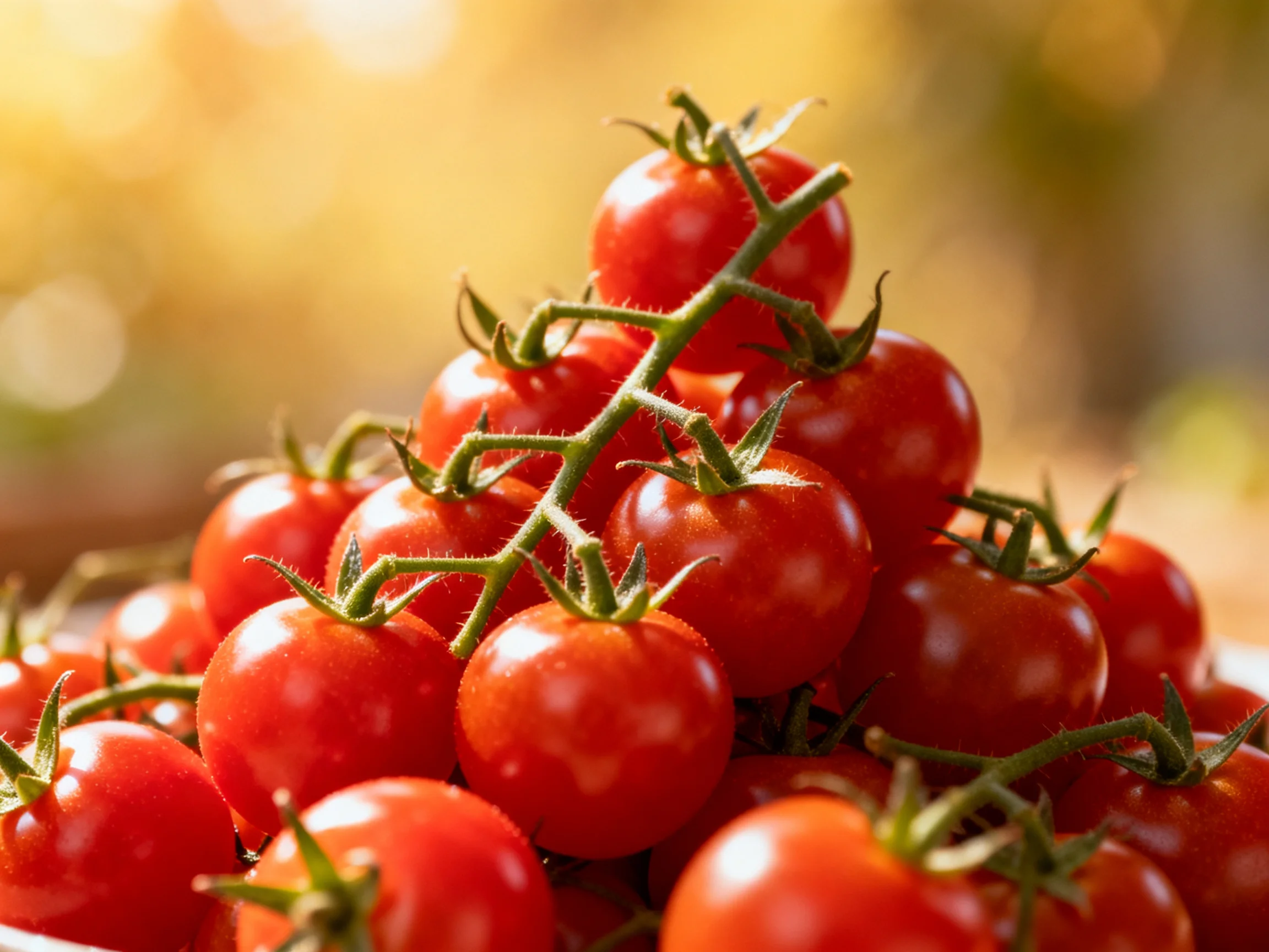 Vibrant red cherry tomatoes clustered in a pyramid formation