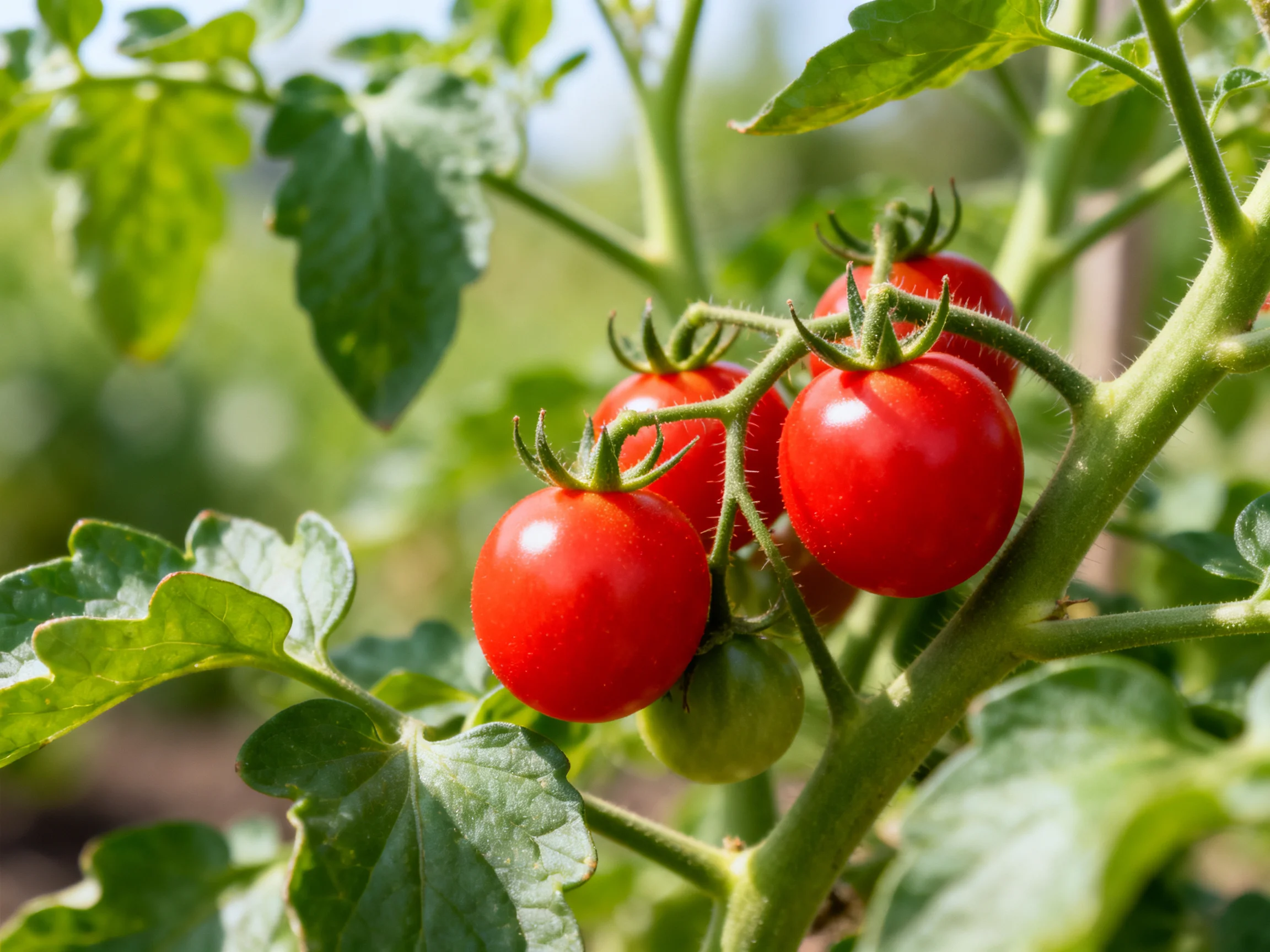 Vibrant red cherry tomatoes clustered on a lush green tomato vine