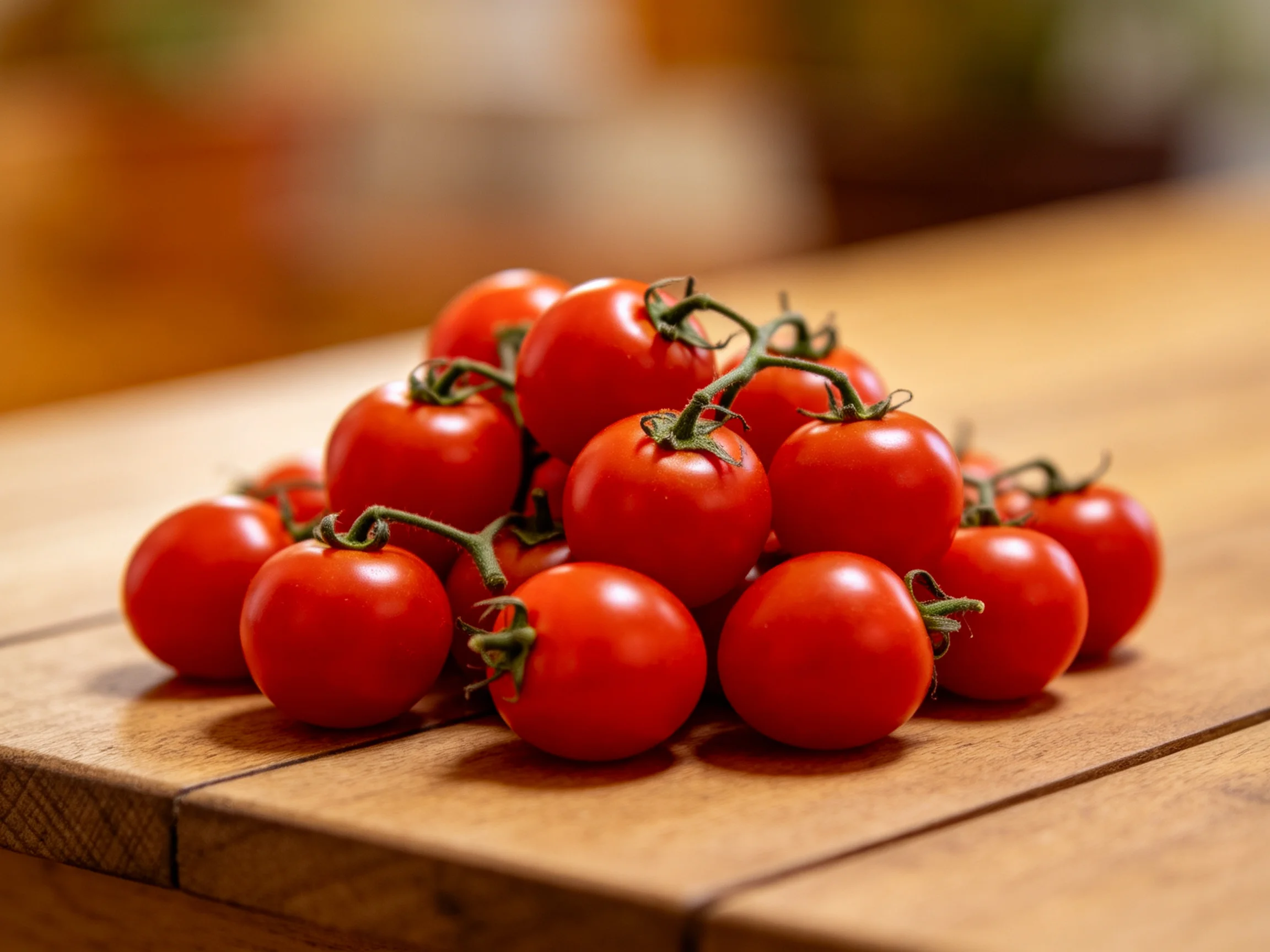 Vibrant red cherry tomatoes piled high on a wooden cutting board