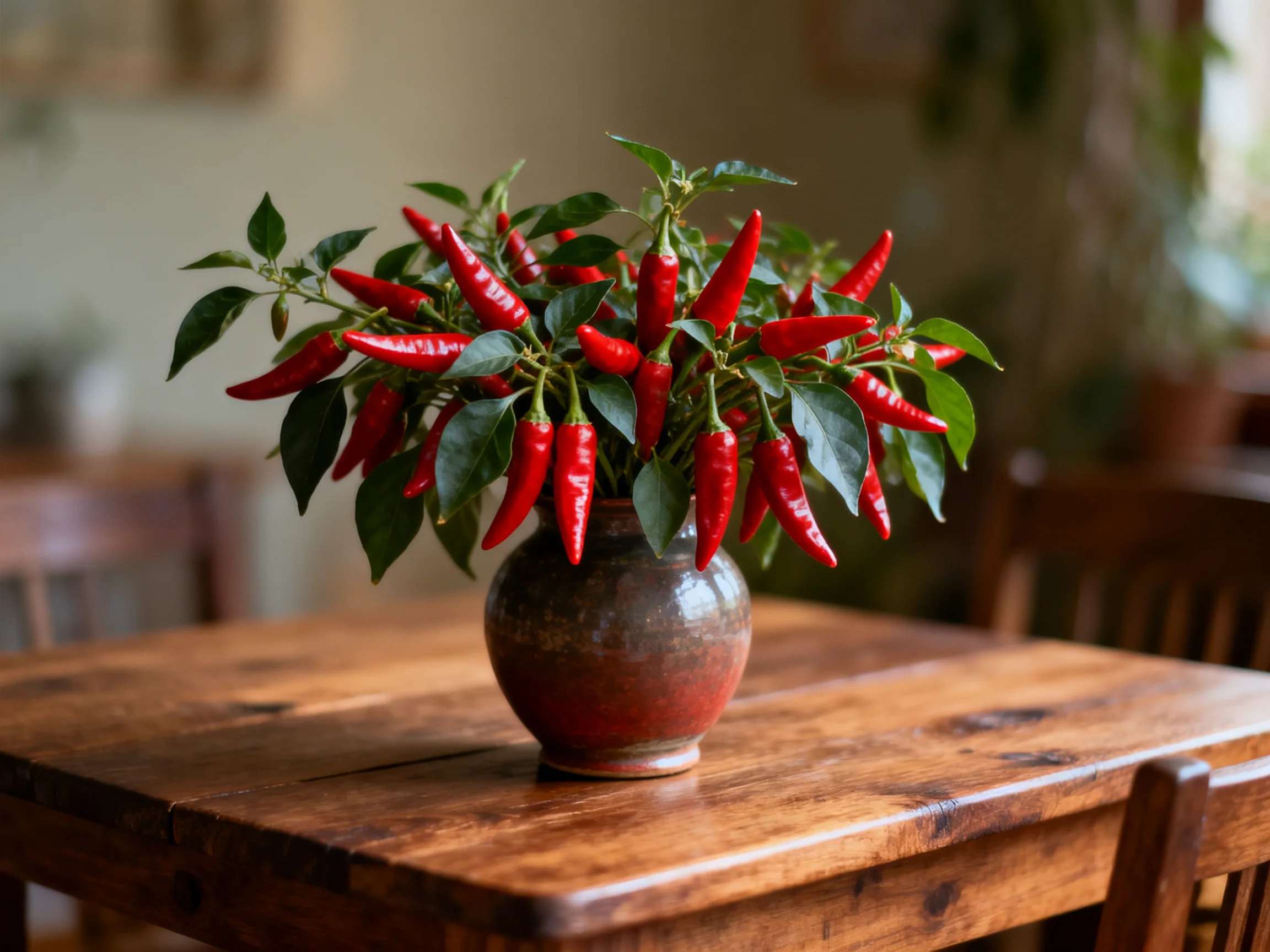 Vibrant red chili pepper arrangement in rustic ceramic vase