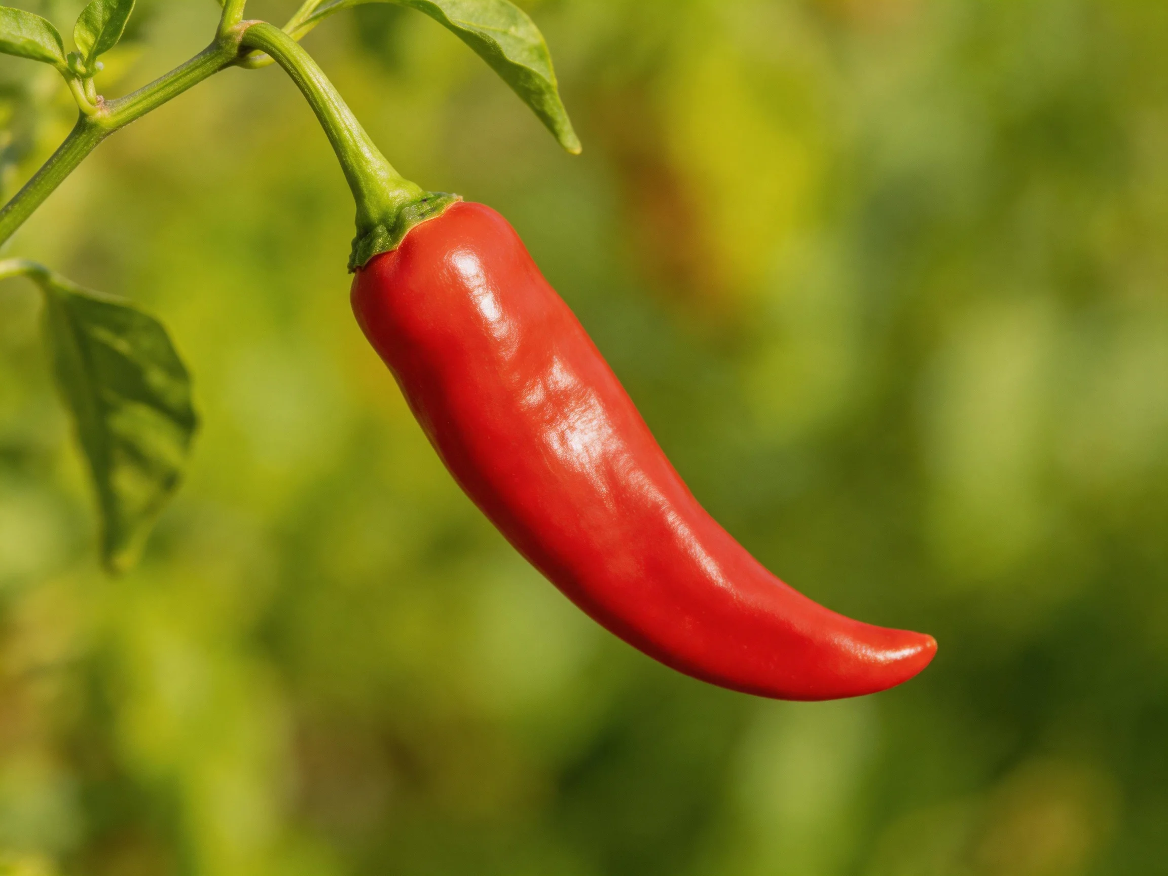 Vibrant red chili pepper hanging from green stem with blurred green foliage