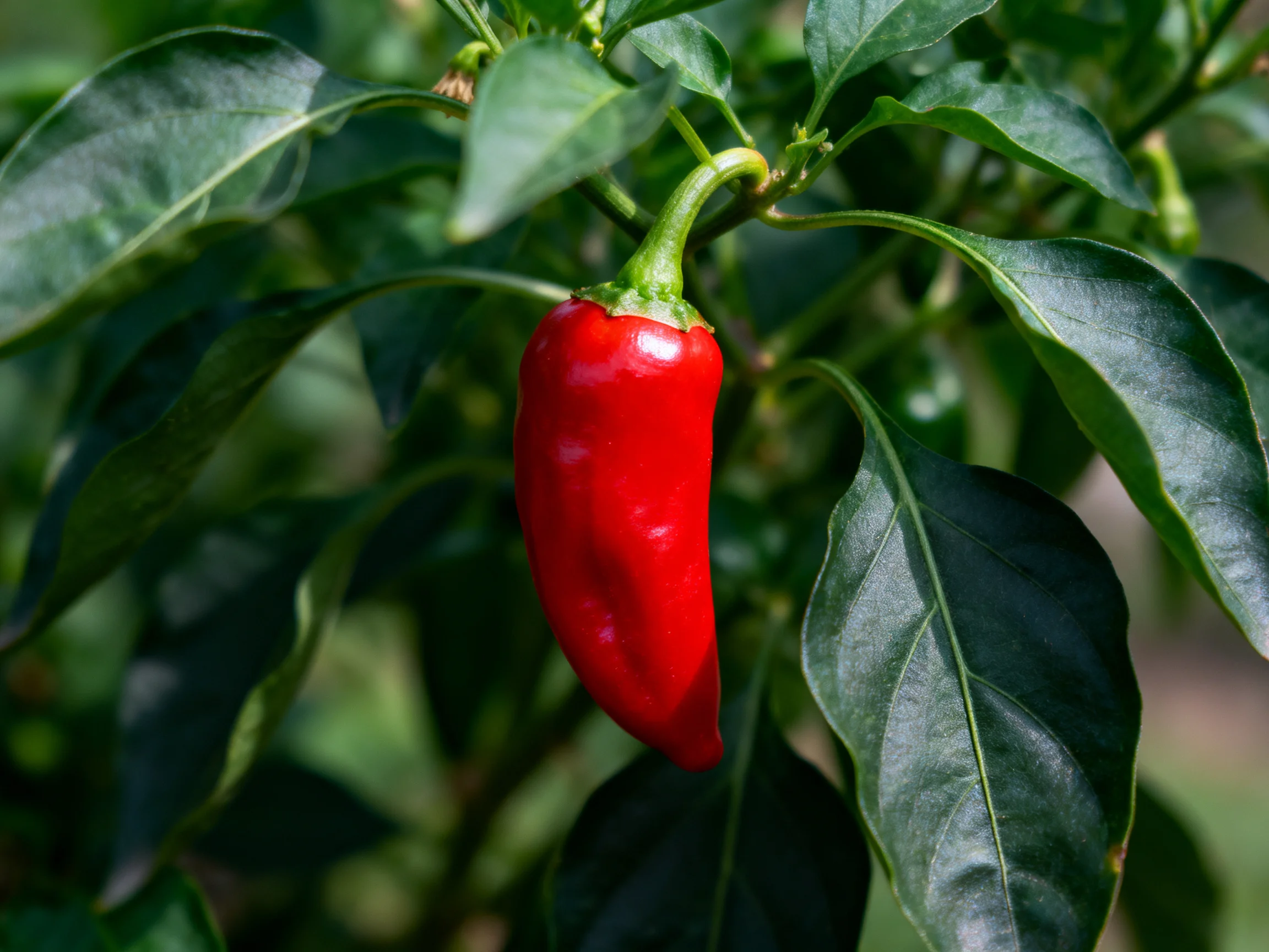 Vibrant red chili pepper hanging from lush green foliage