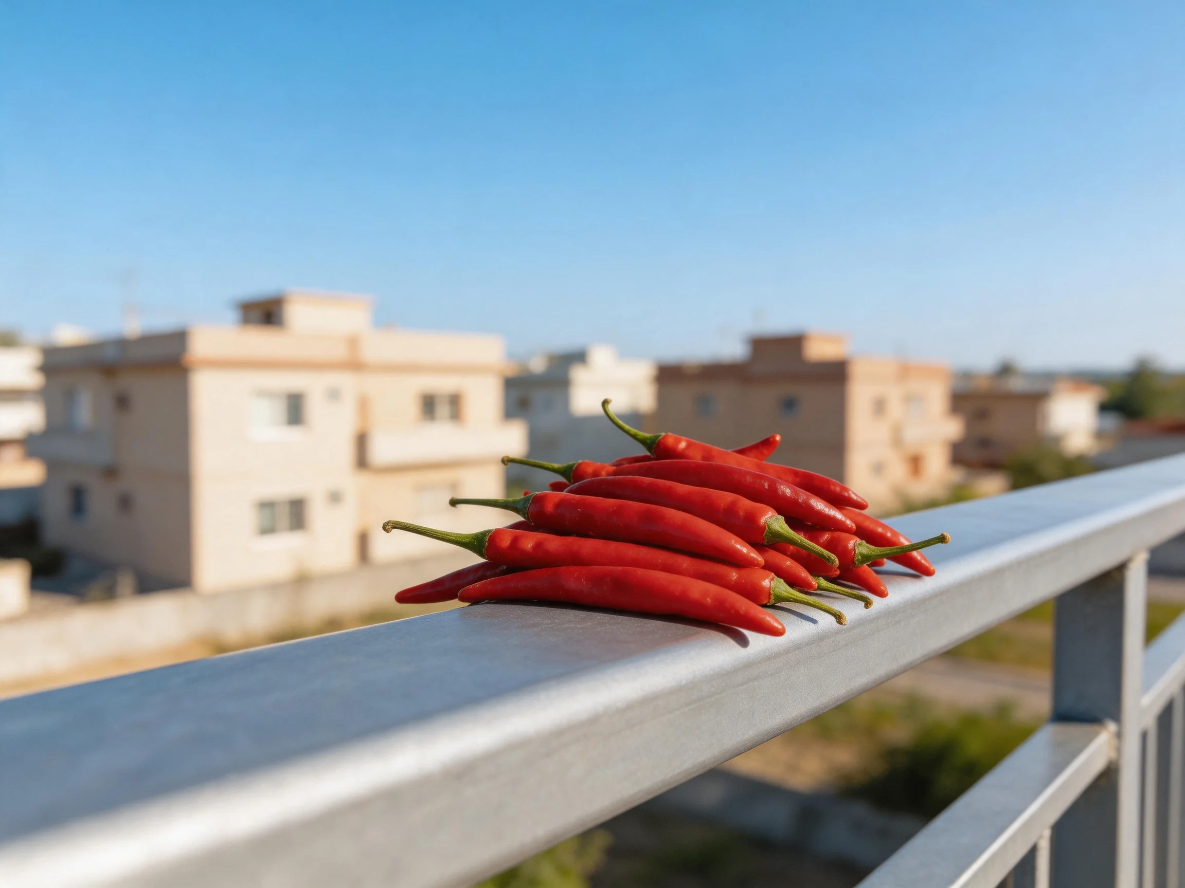 Vibrant red chili peppers arranged on a metallic balcony railing
