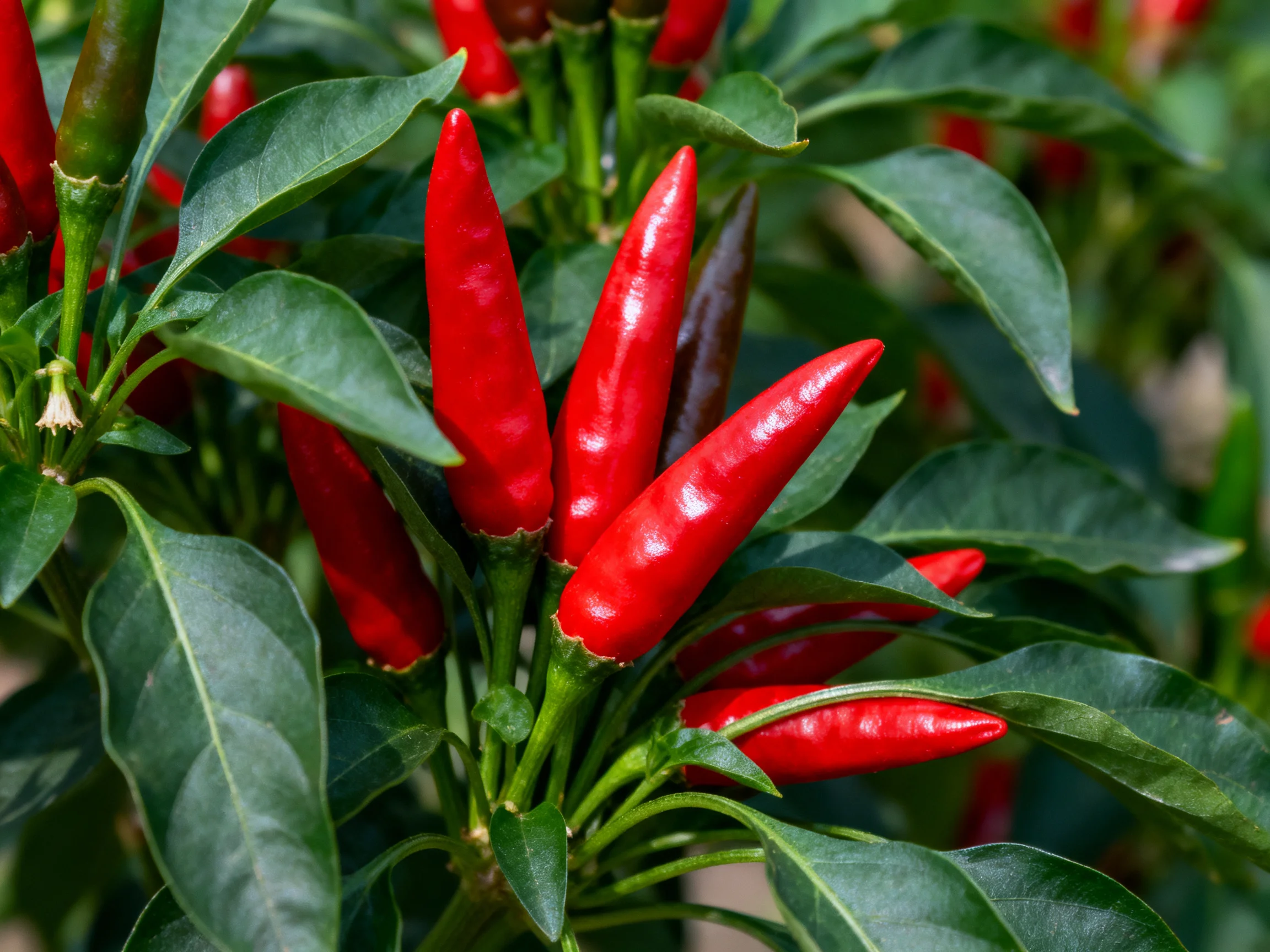 Vibrant red chili peppers clustered among lush green foliage