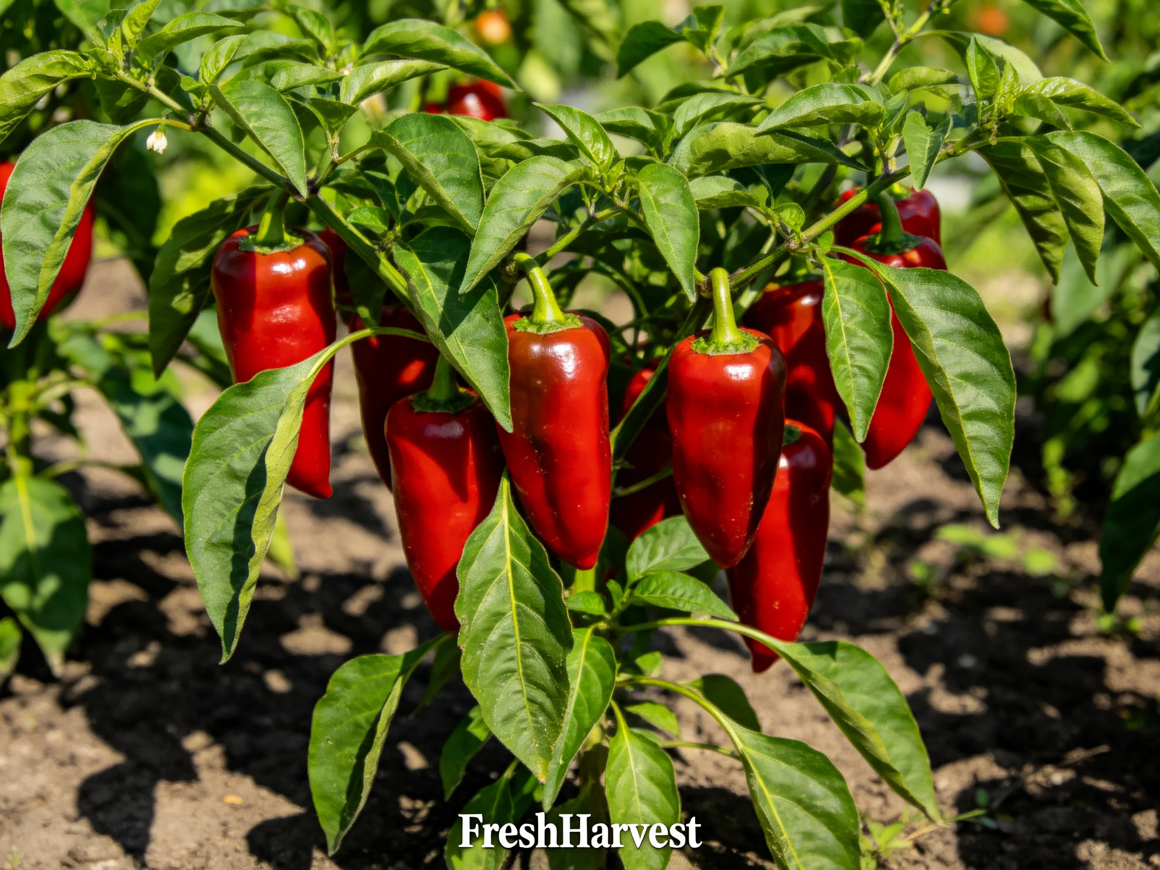Vibrant red chili peppers clustered on lush green foliage