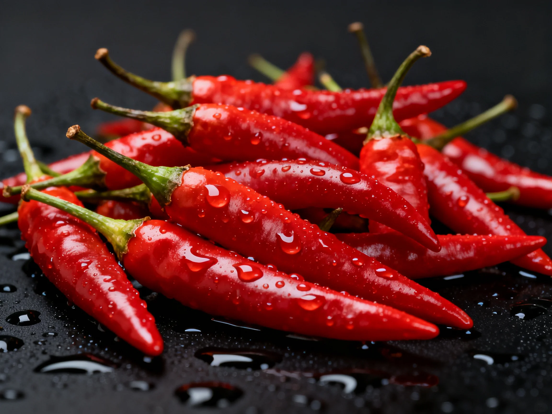 Vibrant red chili peppers clustered with water droplets