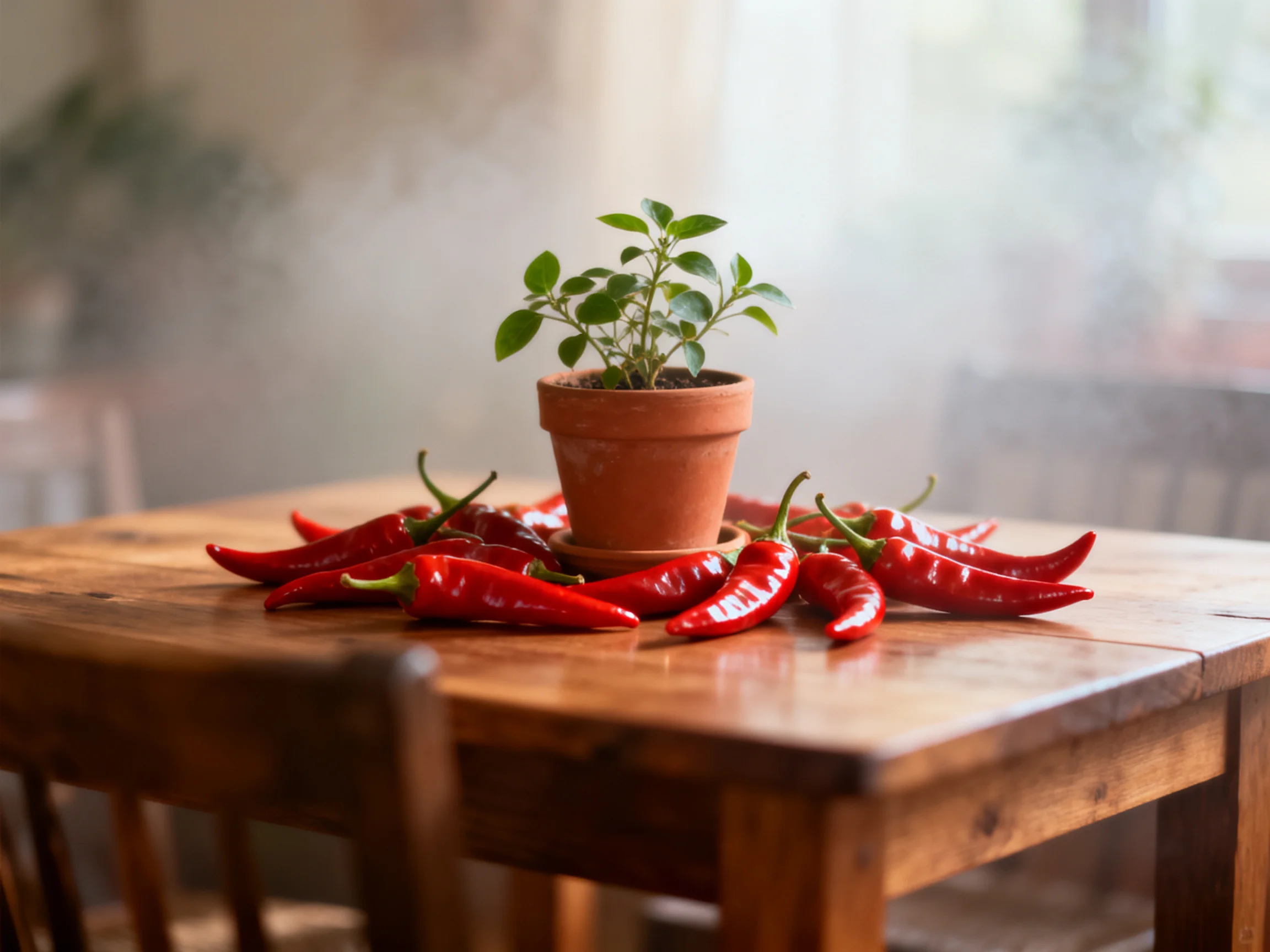 Vibrant red chili peppers encircle a small terracotta potted plant atop a wooden table