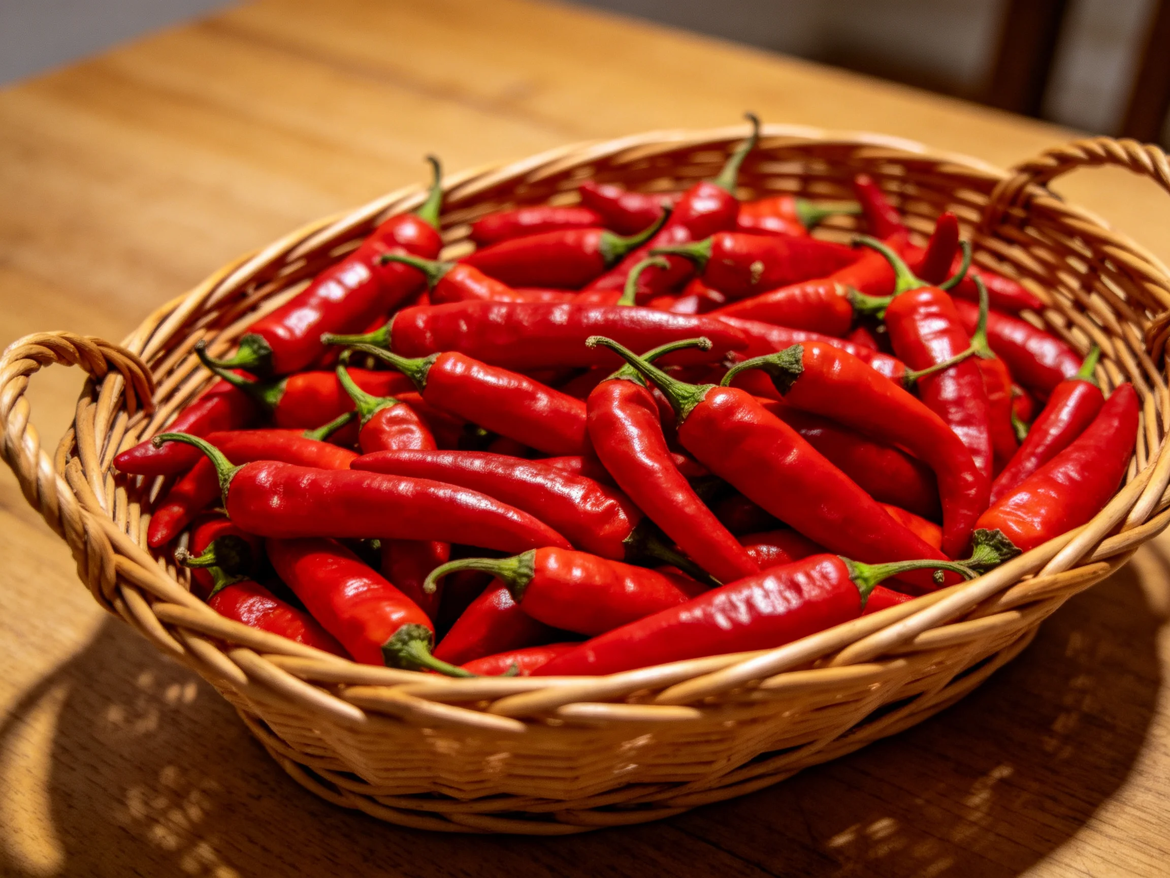 Vibrant red chili peppers fill a wicker basket on a wooden table
