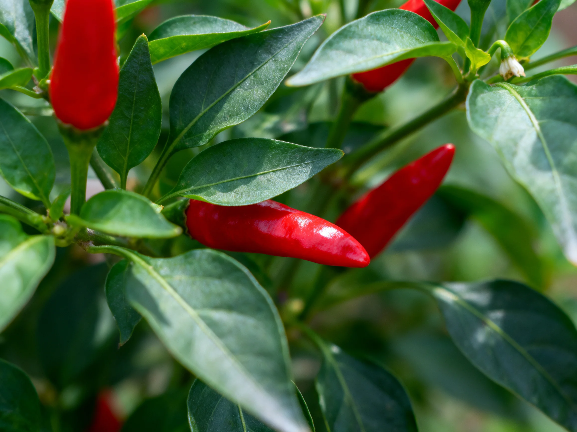 Vibrant red chili peppers growing among lush green foliage