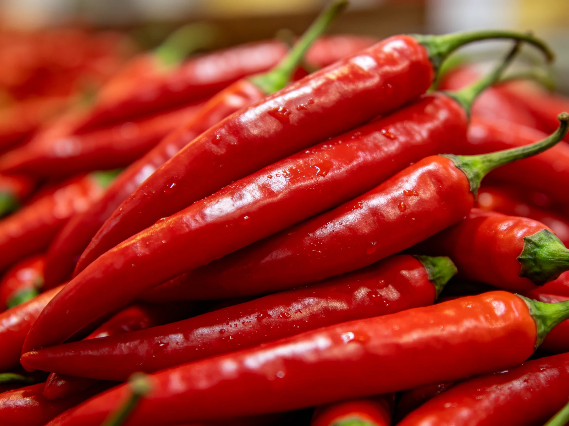 Vibrant red chili peppers piled high with green stems