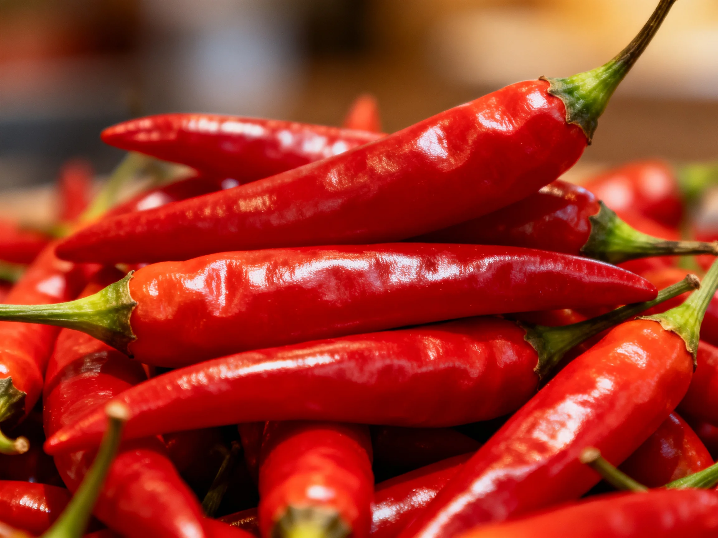 Vibrant red chili peppers stacked densely in a close-up arrangement
