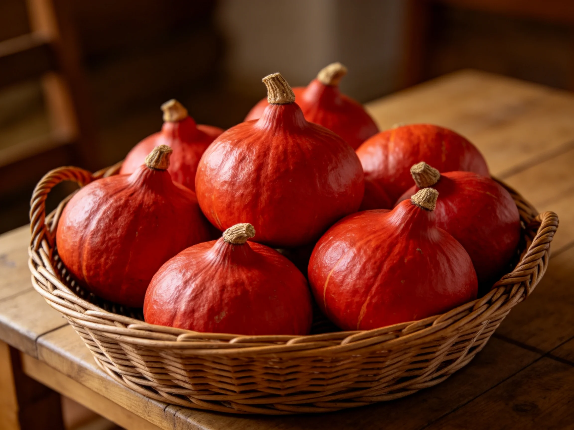 Vibrant red gourds arranged in a wicker basket on a wooden surface
