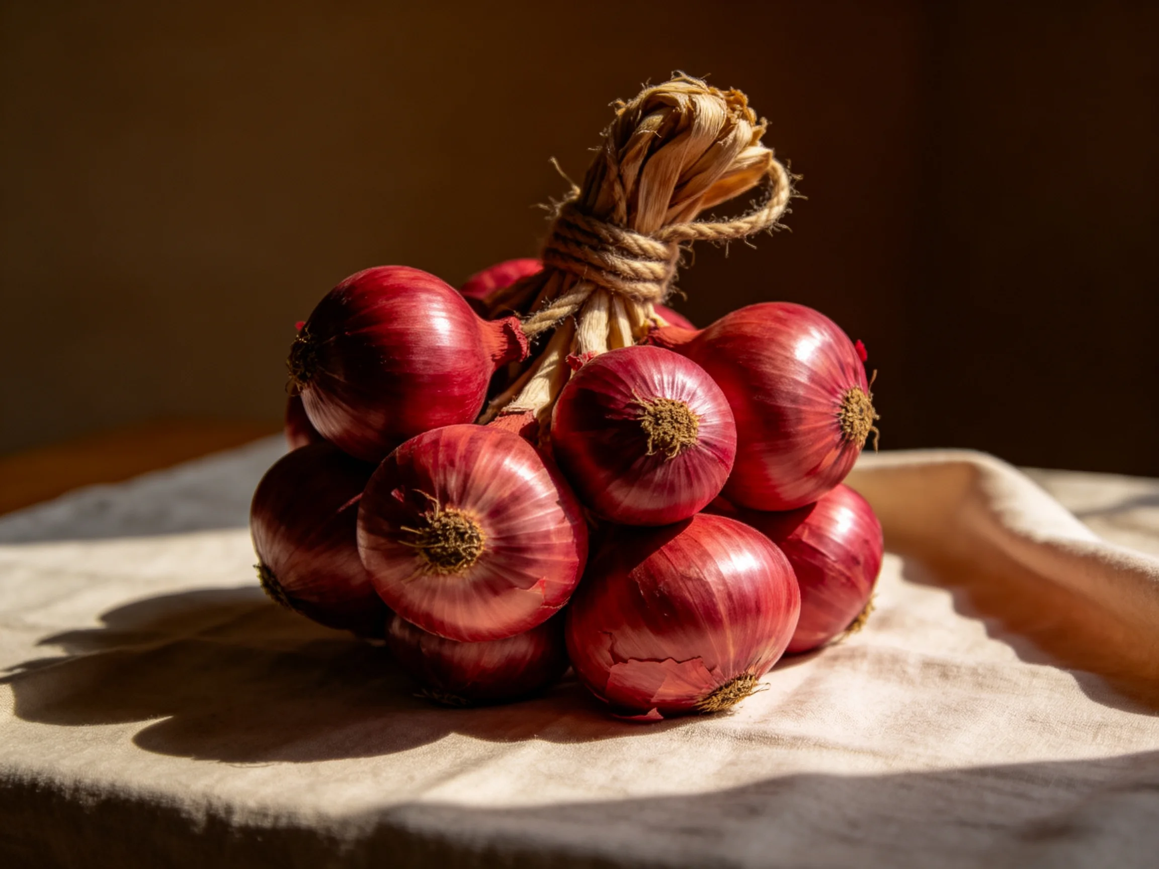 Vibrant red onion bundle tied with twine on a soft cloth