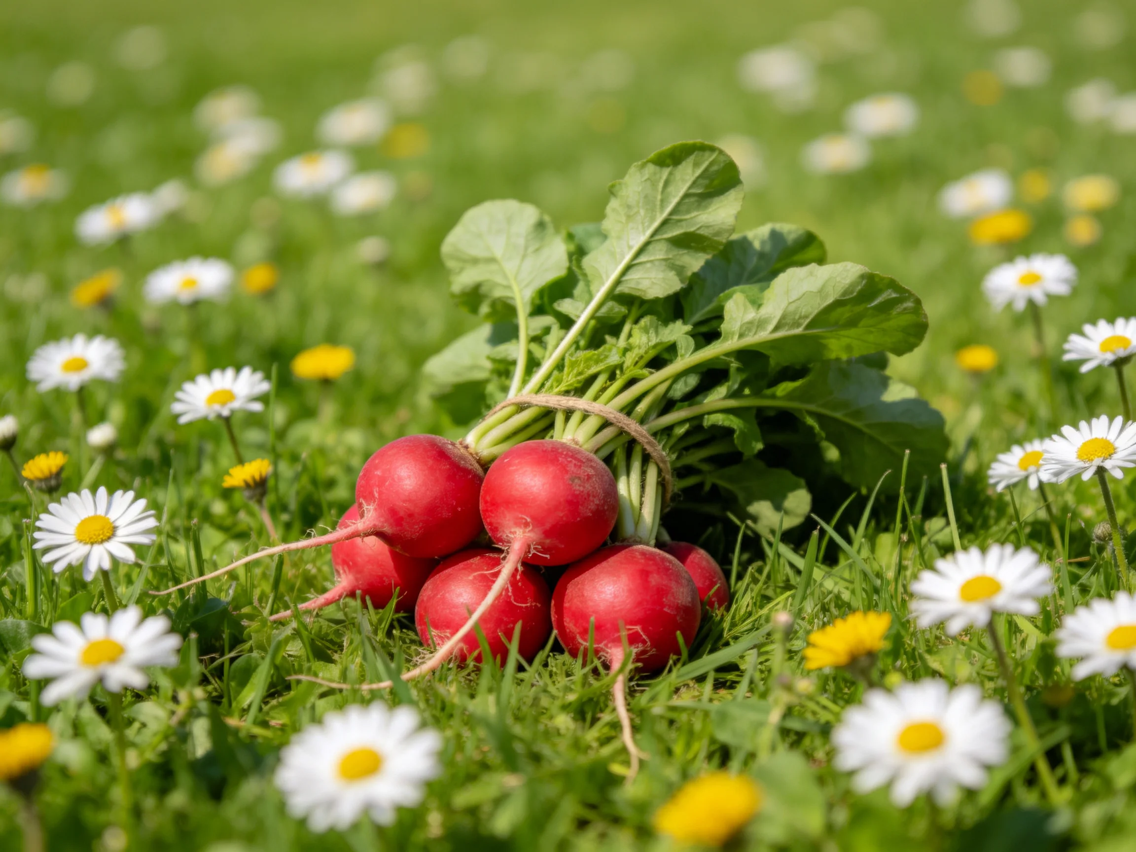 Vibrant red radish bundle on lush green grass amid white and yellow wildflowers