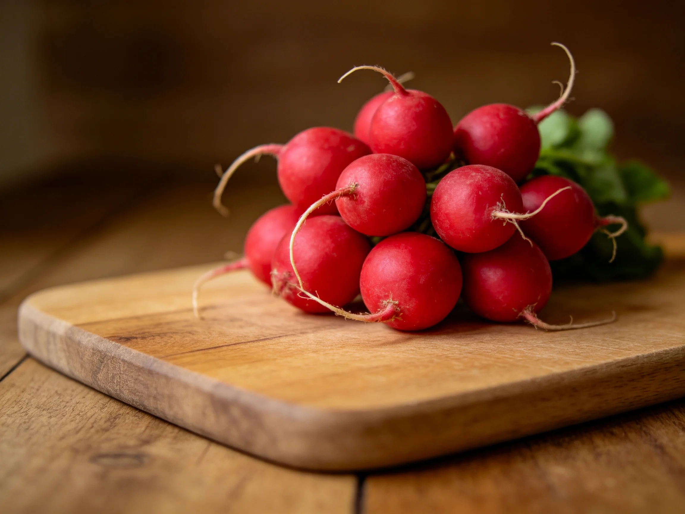 Vibrant red radishes clustered on a wooden cutting board