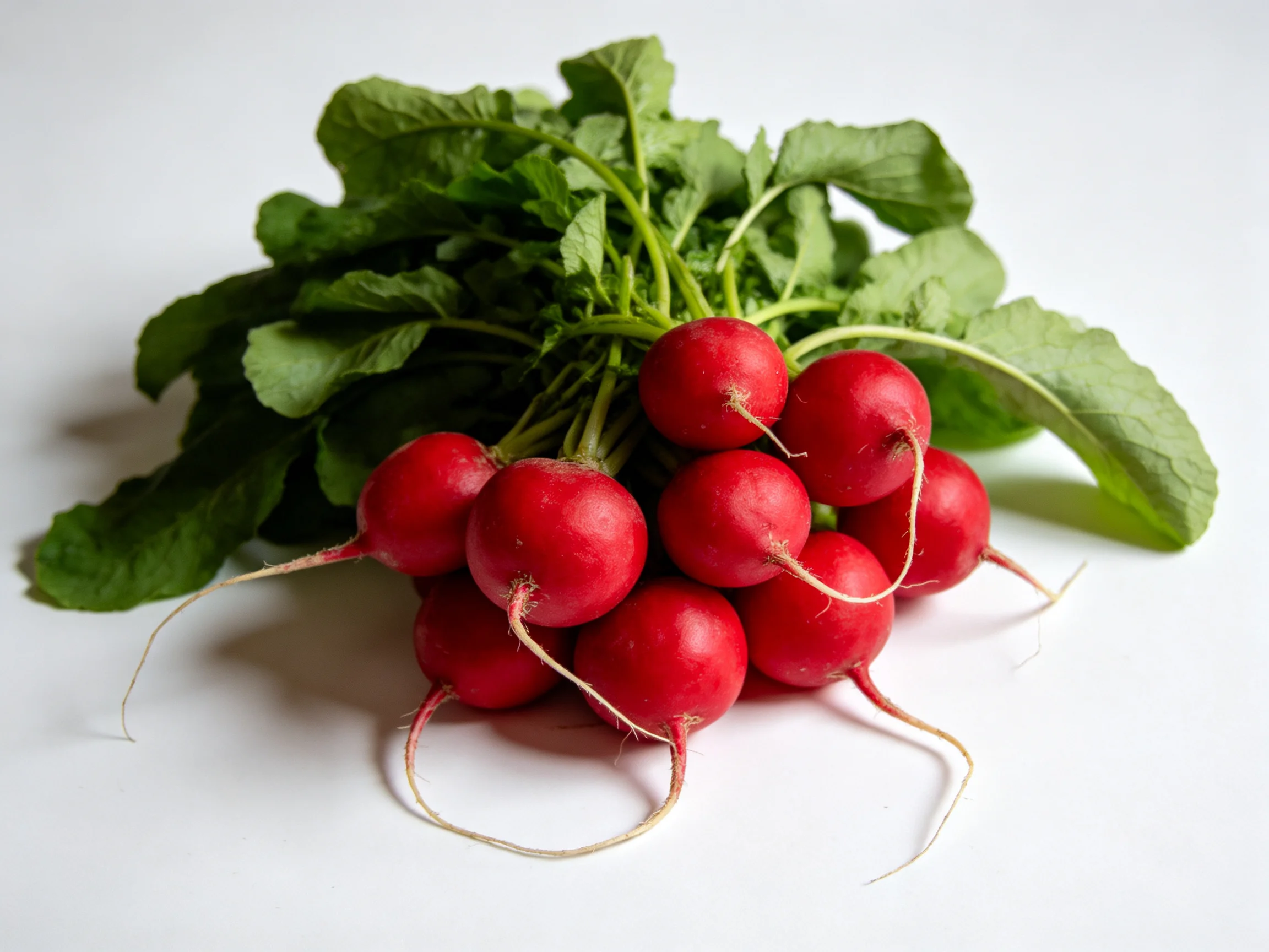 Vibrant red radishes clustered with fresh green foliage