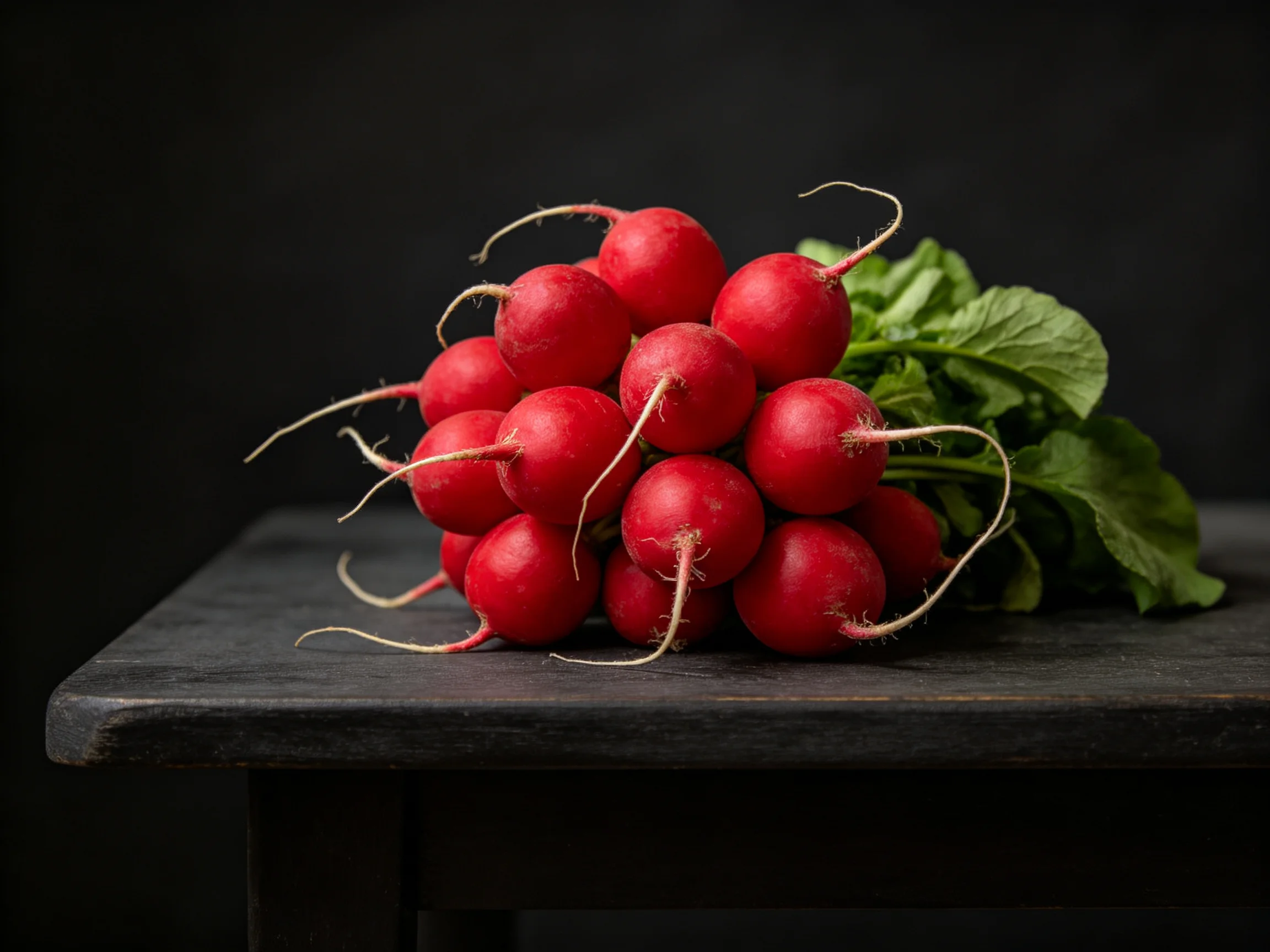 Vibrant red radishes clustered with green foliage on a dark wooden table