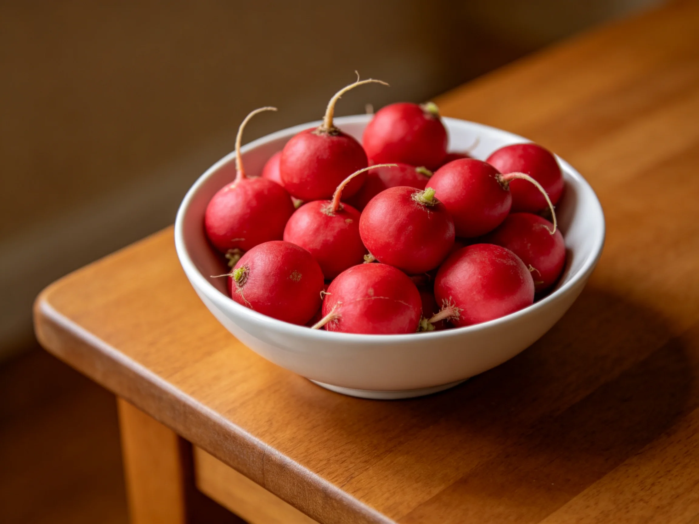 Vibrant red radishes fill a white bowl atop a wooden table