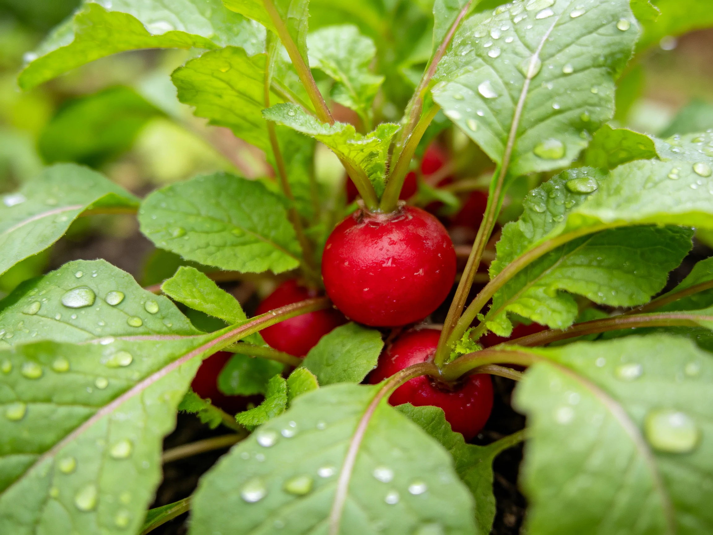 Vibrant red radishes nestled among dewy green foliage