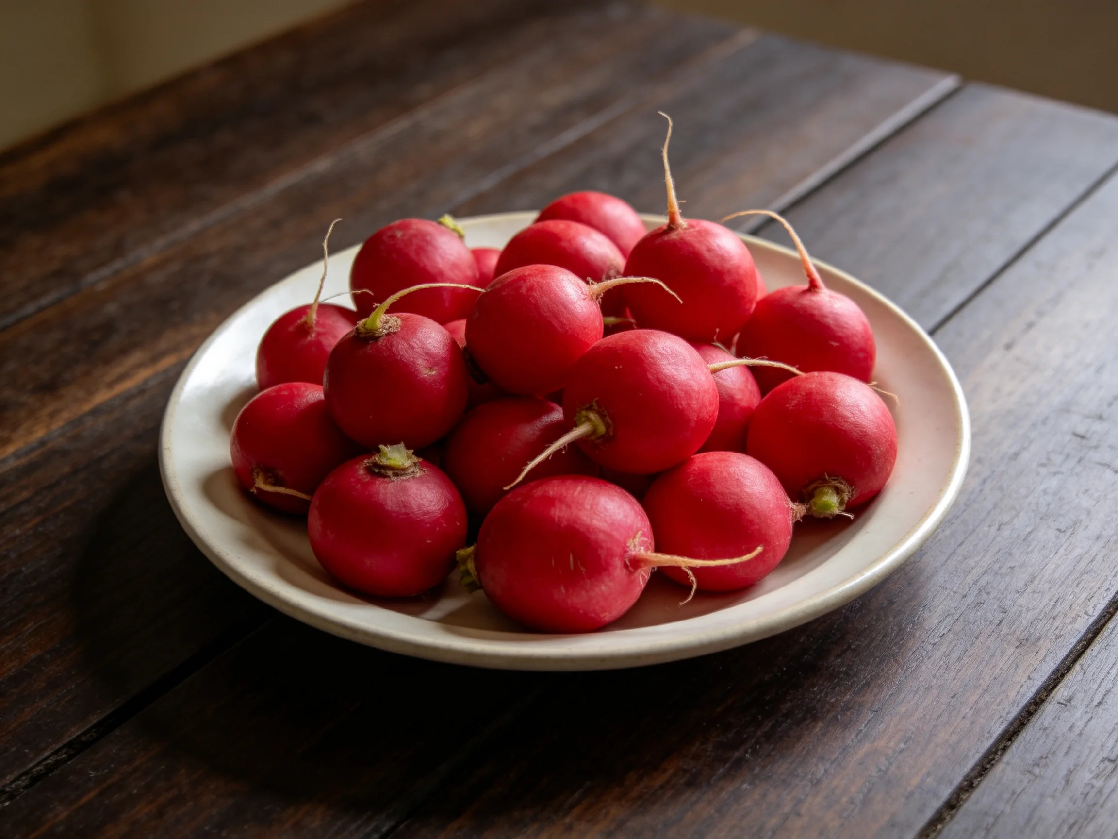 Vibrant red radishes piled in a white bowl on a dark wooden table