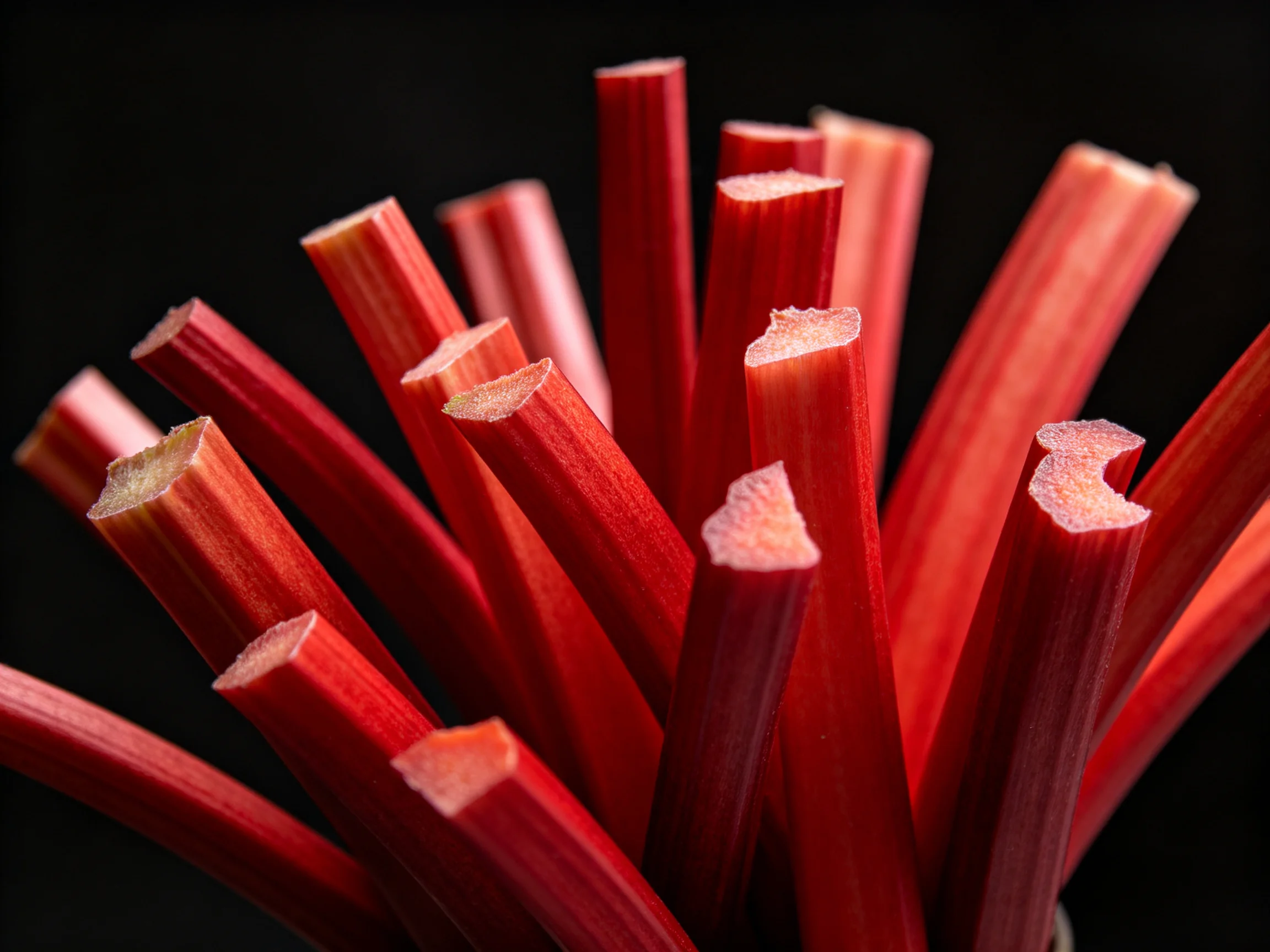 Vibrant red rhubarb stalks clustered against a dark backdrop