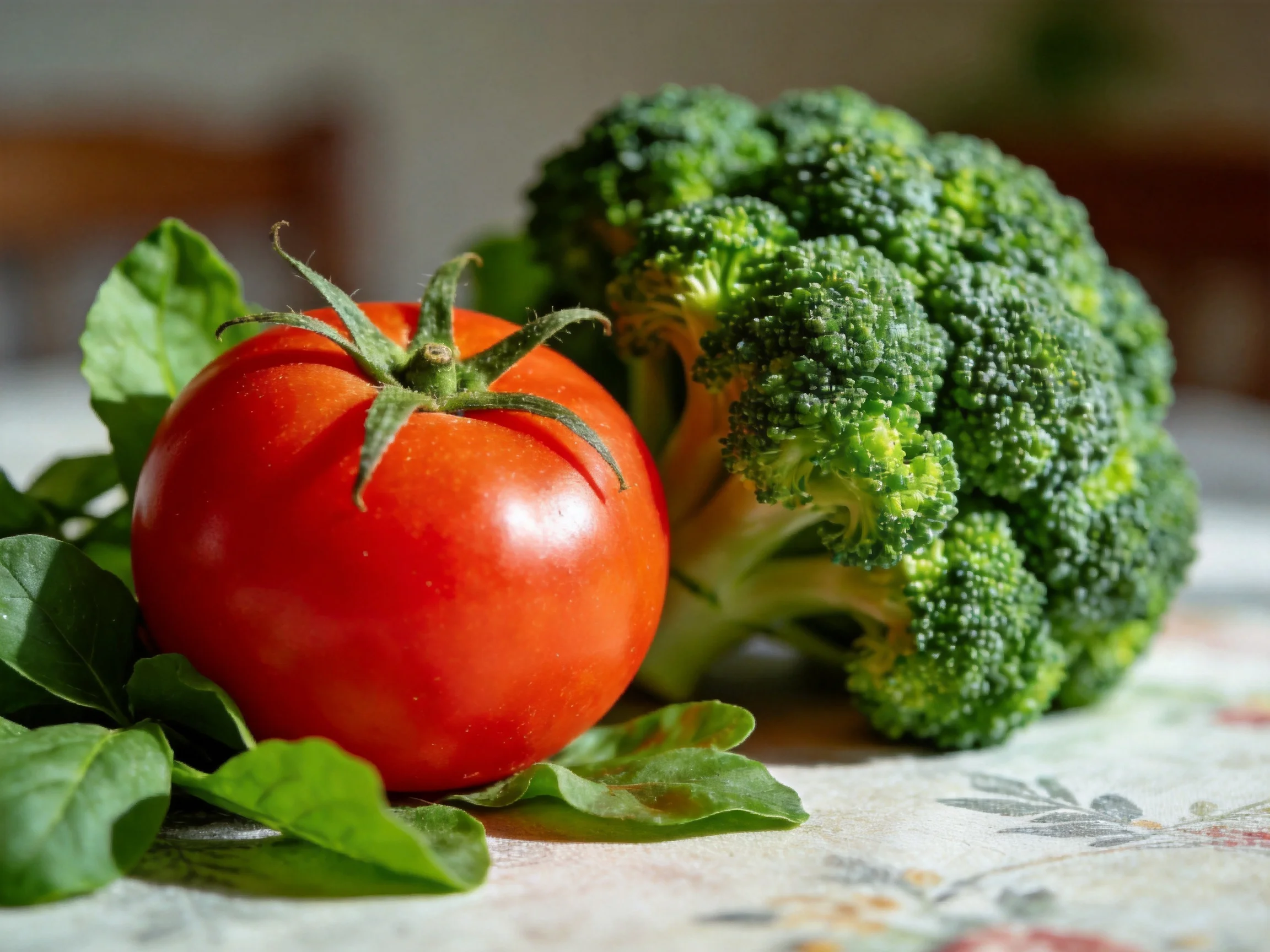 Vibrant red tomato, green broccoli, and leafy greens on a floral tablecloth