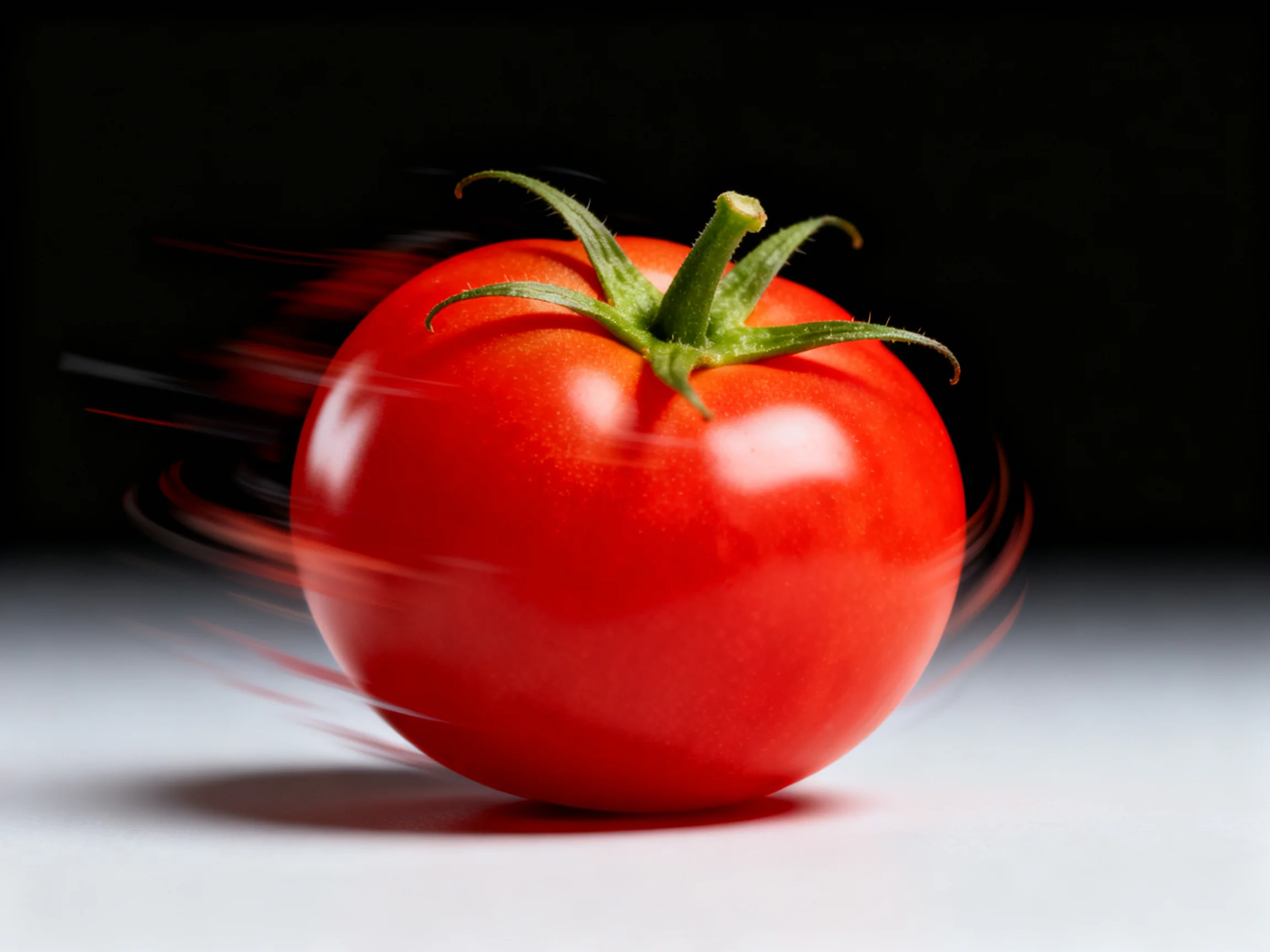 Vibrant red tomato with dynamic motion blur and green stem