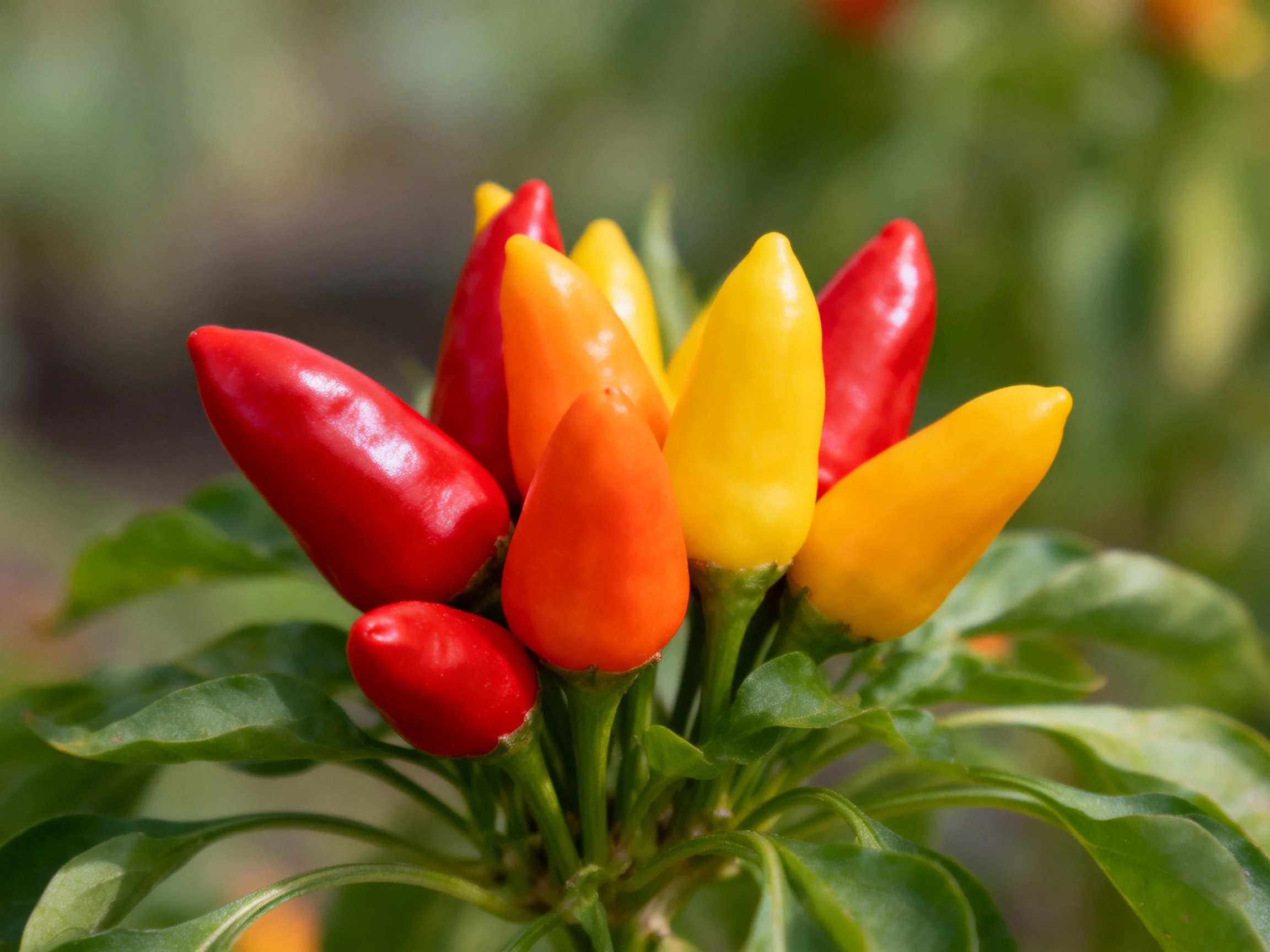 Vibrant red, yellow, and orange chili peppers clustered among lush green leaves