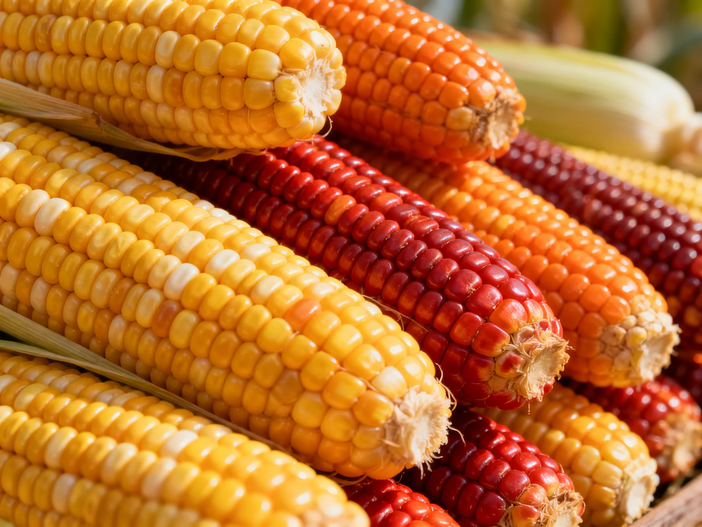 Vibrant stack of multicolored corn cobs in yellow, orange, red hues
