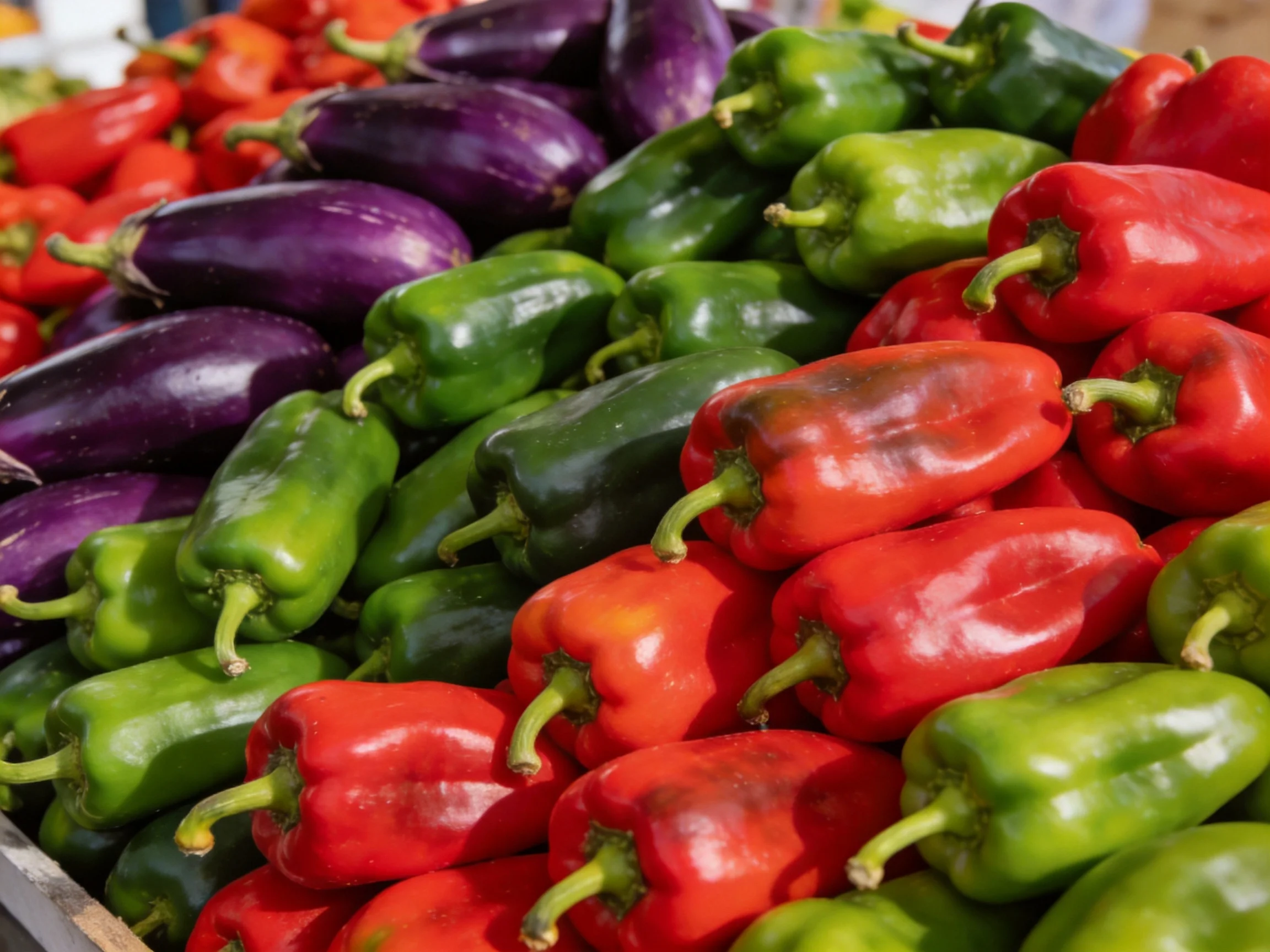 Vibrant stack of red, green, and purple bell peppers and eggplants