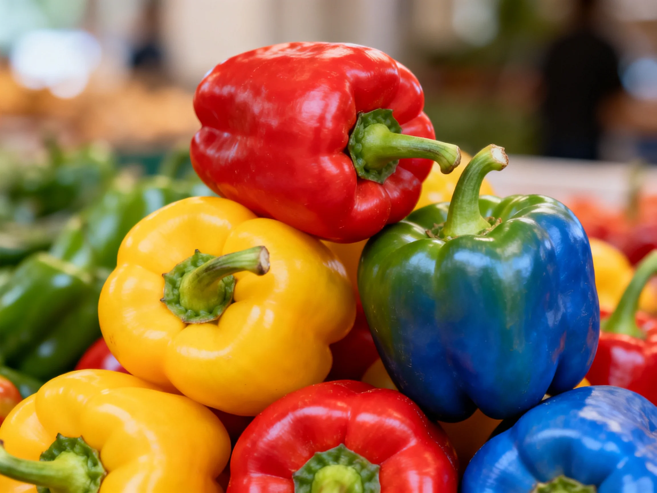 Vibrant stack of red, yellow, green, and blue bell peppers