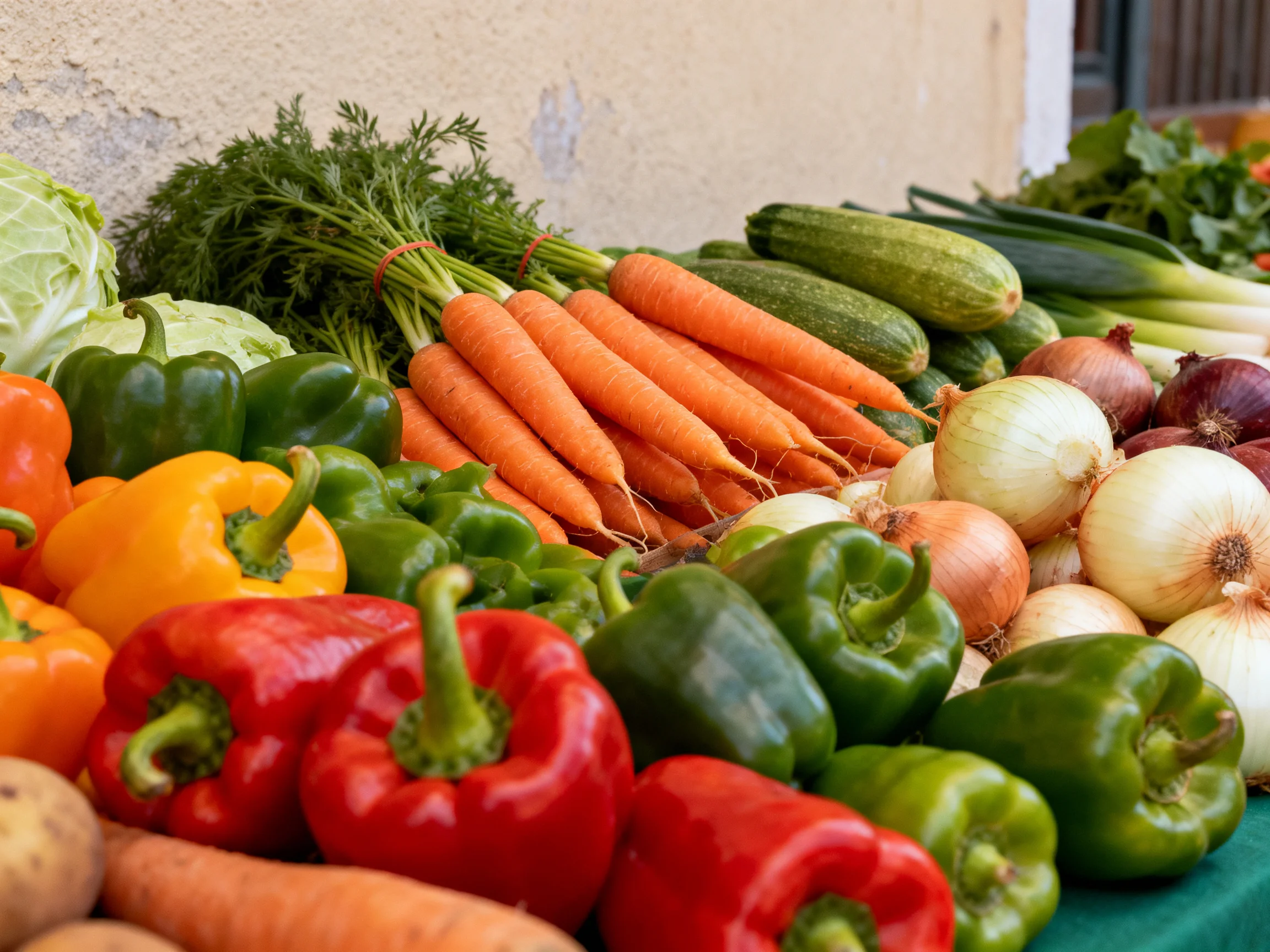 Vibrant vegetable display with carrots, bell peppers, and onions