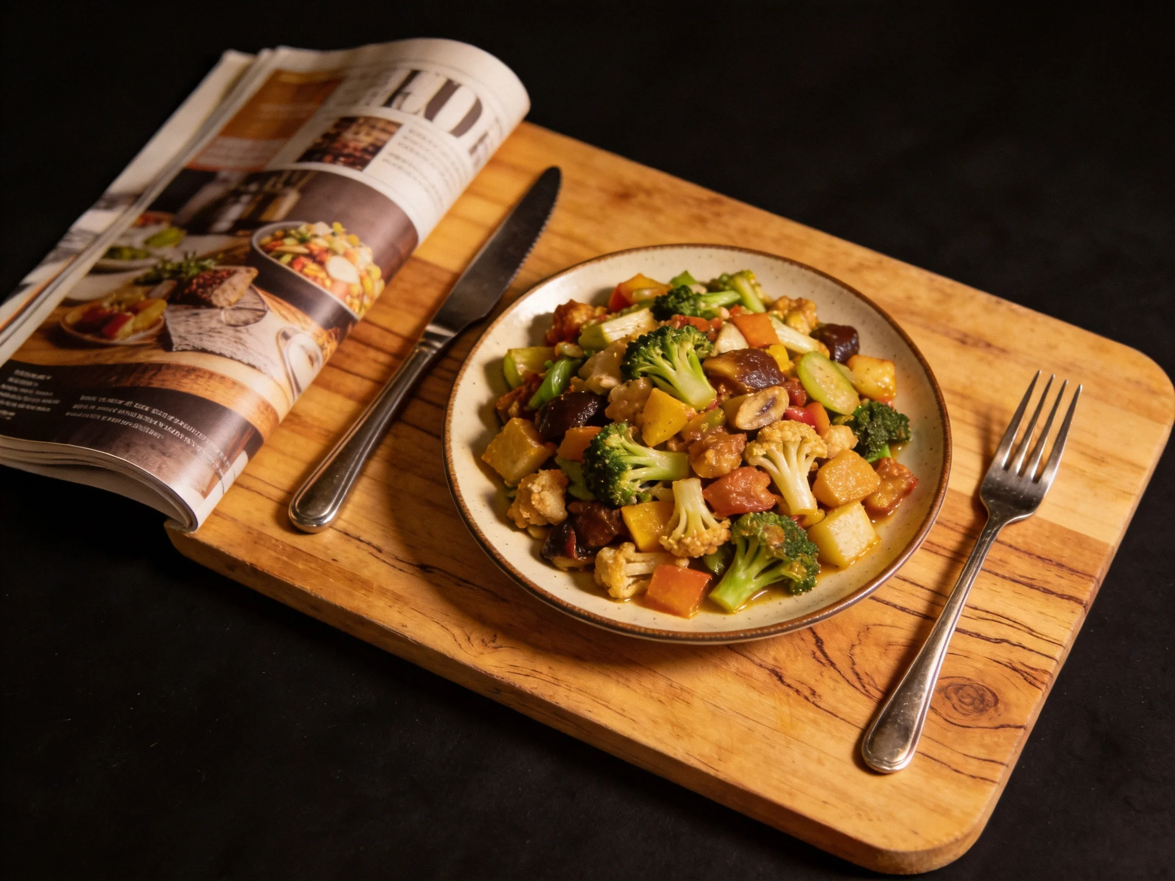Vibrant vegetable medley with utensils on wooden board beside recipe magazine