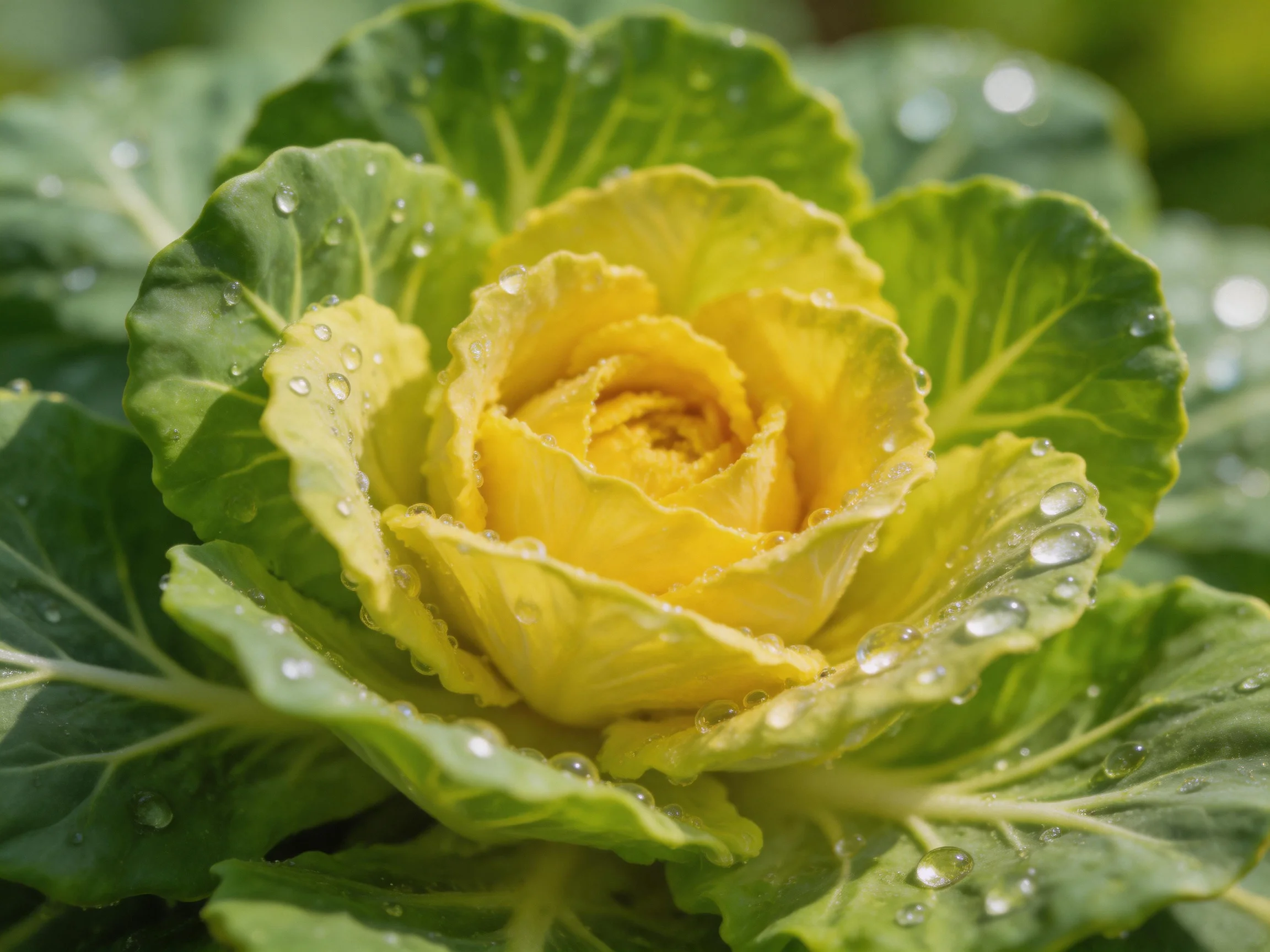 Close - up of a yellow cabbage with green leaves and water droplets.