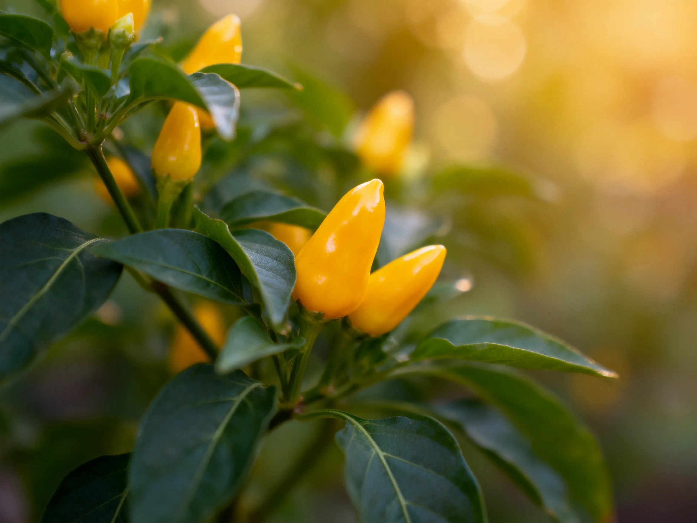 Vibrant yellow chili buds blooming amid glossy green foliage