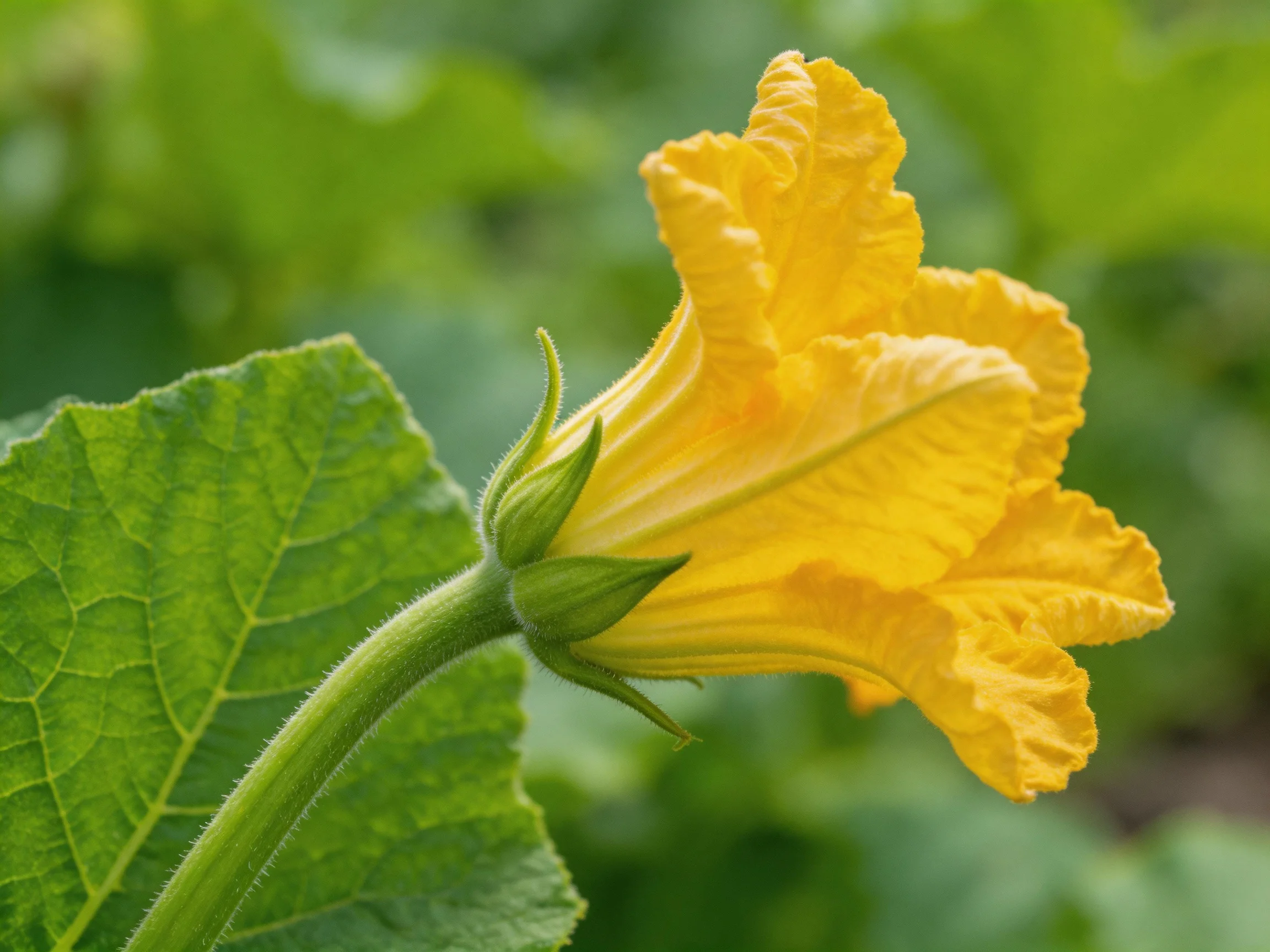 Vibrant yellow squash blossom with broad green foliage