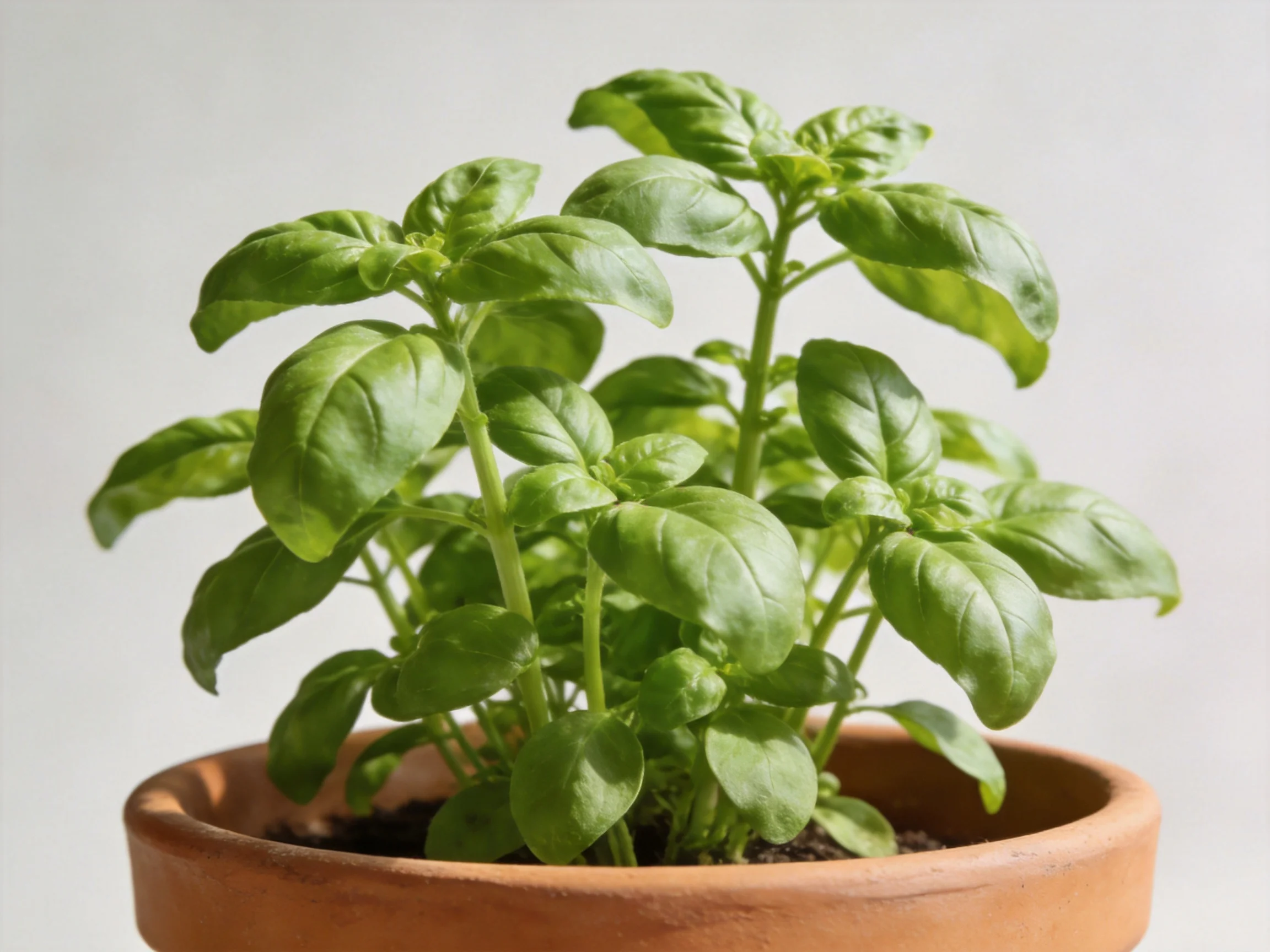 Vibrantgreen basil plant in a terracotta flowerpot