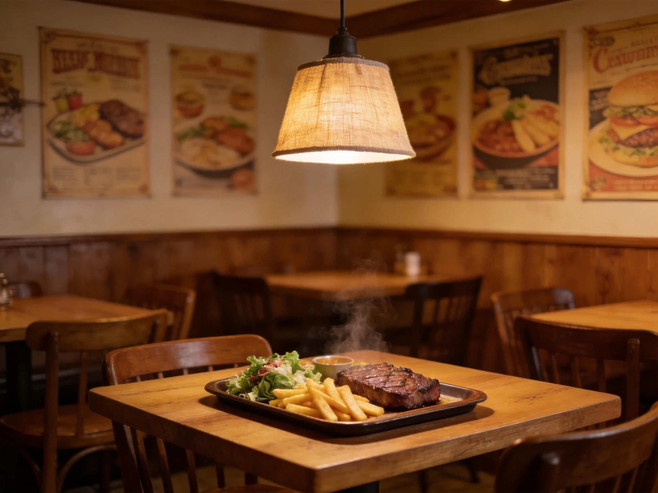 Warm-toned restaurant interior with wooden furnishings and grilled steak