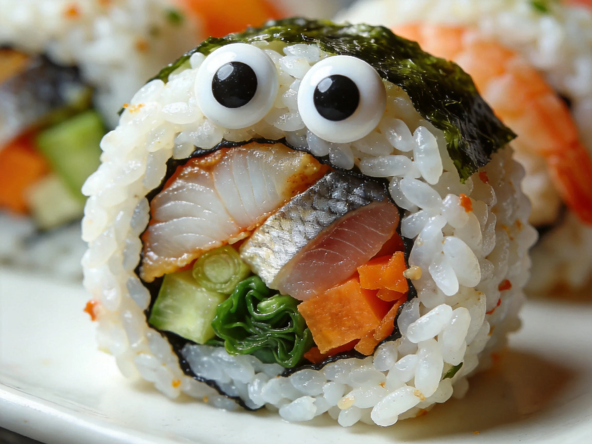 Whimsical sushi roll with decorative eyes featuring mixed seafood and vegetable fillings