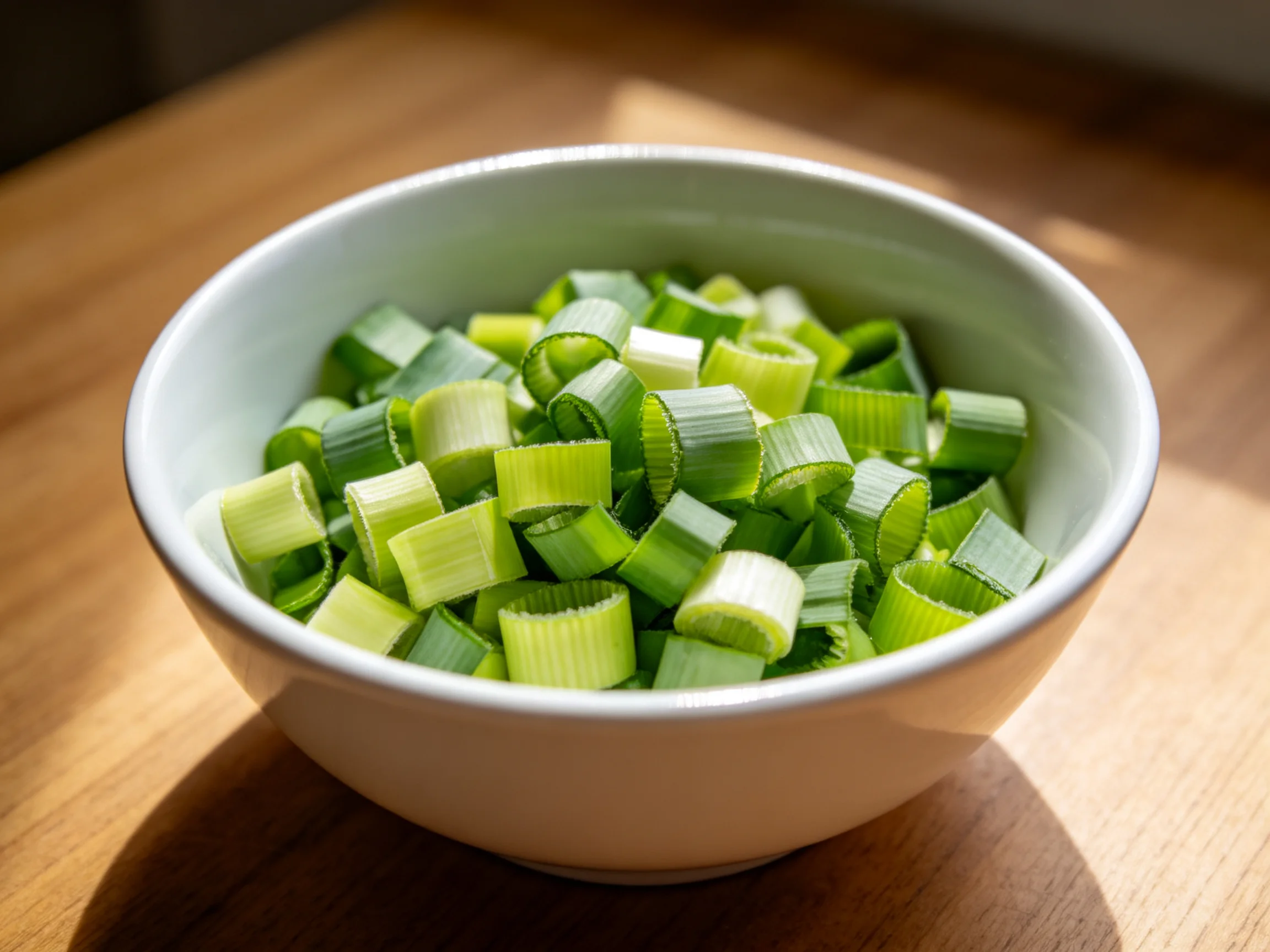 White Bowl Filled with Chopped Green Onions on Wooden Table