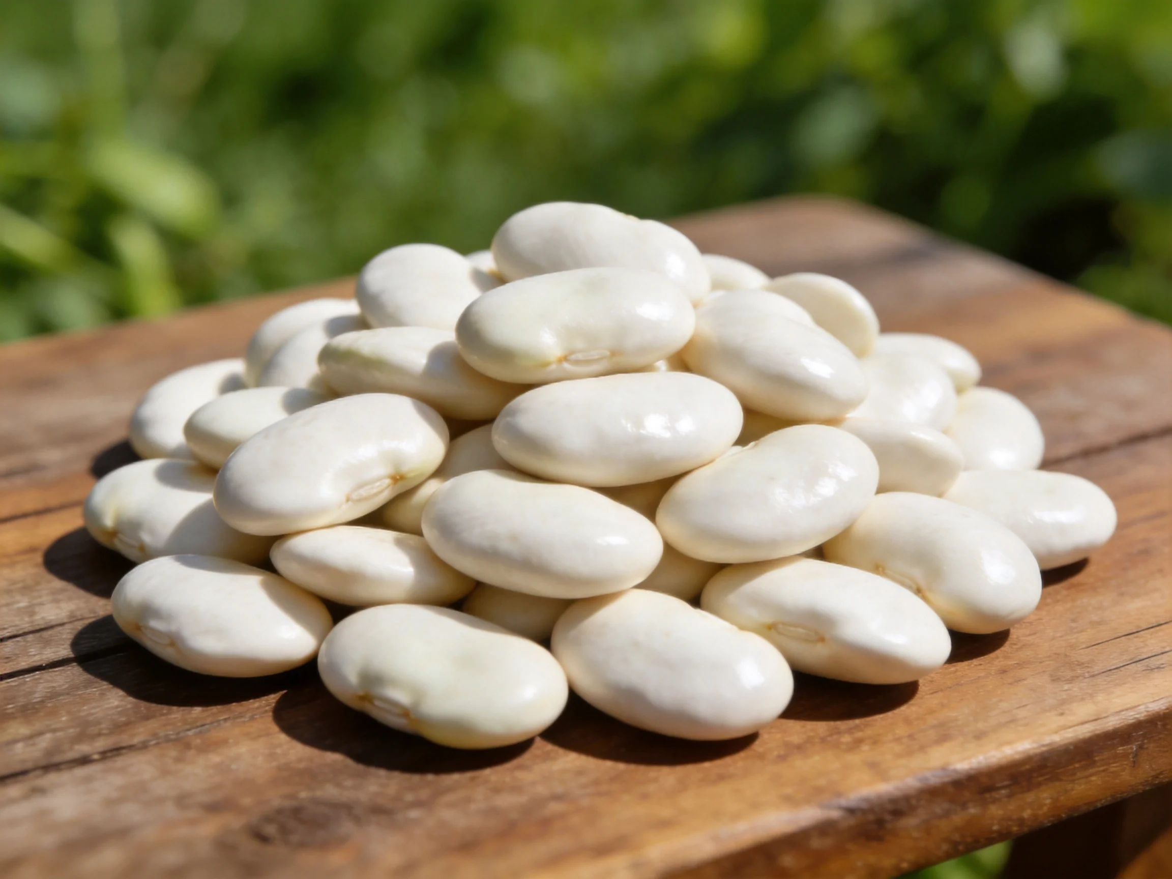 White beans piled high on a rustic wooden table outdoors