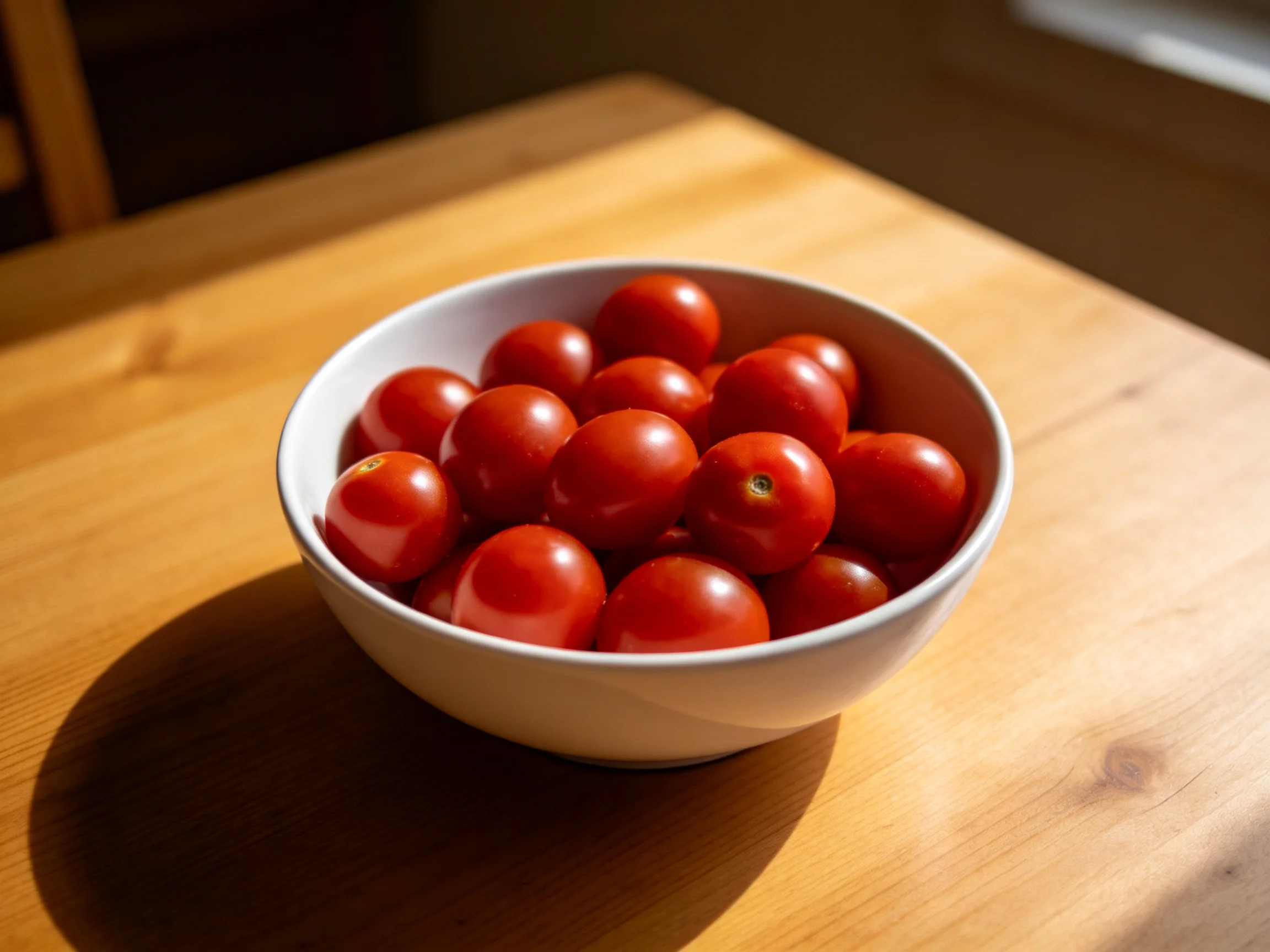 White bowl brimming with cherry tomatoes on wooden table